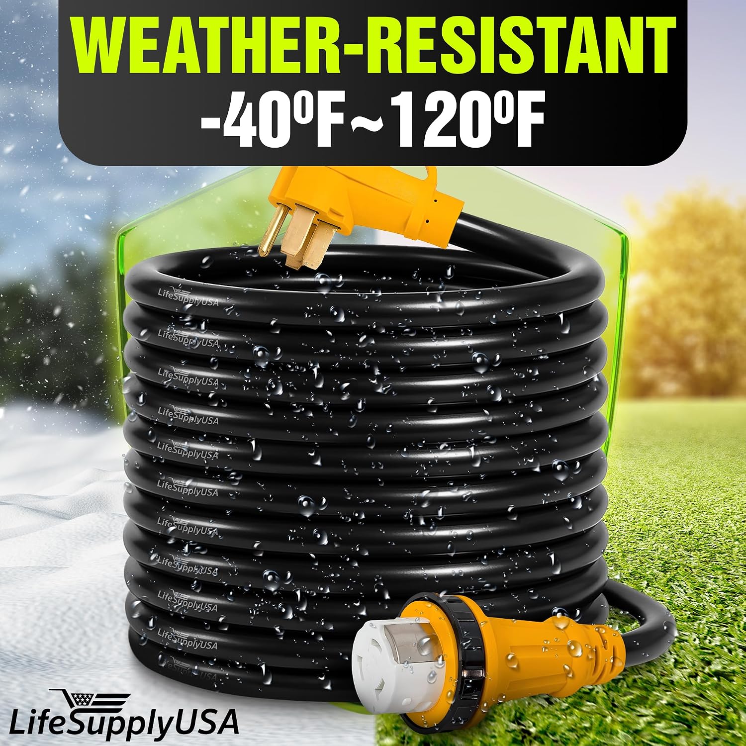 50ft RV Extension Cord 50 AMP (14-50P/SS2-50R) with 4-Prong Male and Grip Handle, Female with Twist-Lock Connector - 6/3 AWG + 8/1 AWG 125/250 Volt STW ETL Listed - by LifeSupplyUSA