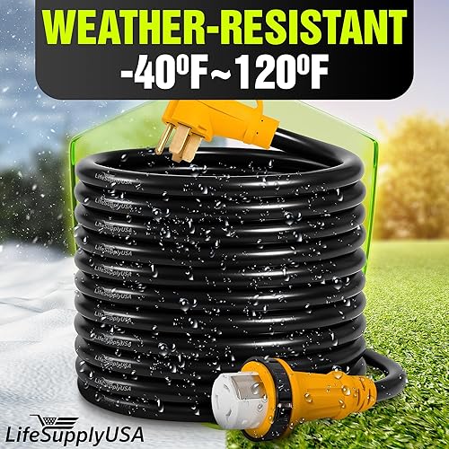 Miniatura 4 de Cable de extensión RV de 50 pies de 50 amperios (14-50P/SS2-50R) con 4 clavijas macho y mango de agarre, hembra con conector de bloqueo giratorio