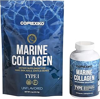CORREXIKO Marine Collagen Supplement Pills & Powder Bundle - Includes 10,000mg Double Hydrolyzed Collagen Powder 5oz & 180...