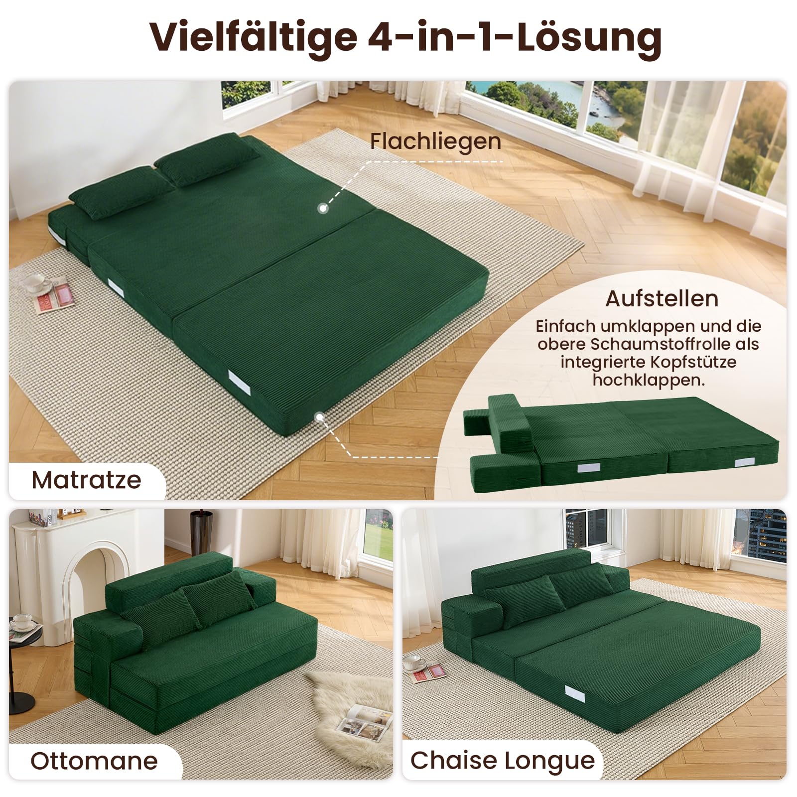 3-in-1 Schlafsofa 150 x 200 cm – Schlafsessel mit Bettfunktion, klappbares Bettsofa, Faltbare Schlafcouch mit integrierten Rückenkissen & separatem Kissen, waschbarer Bezug, Dunkelgrün