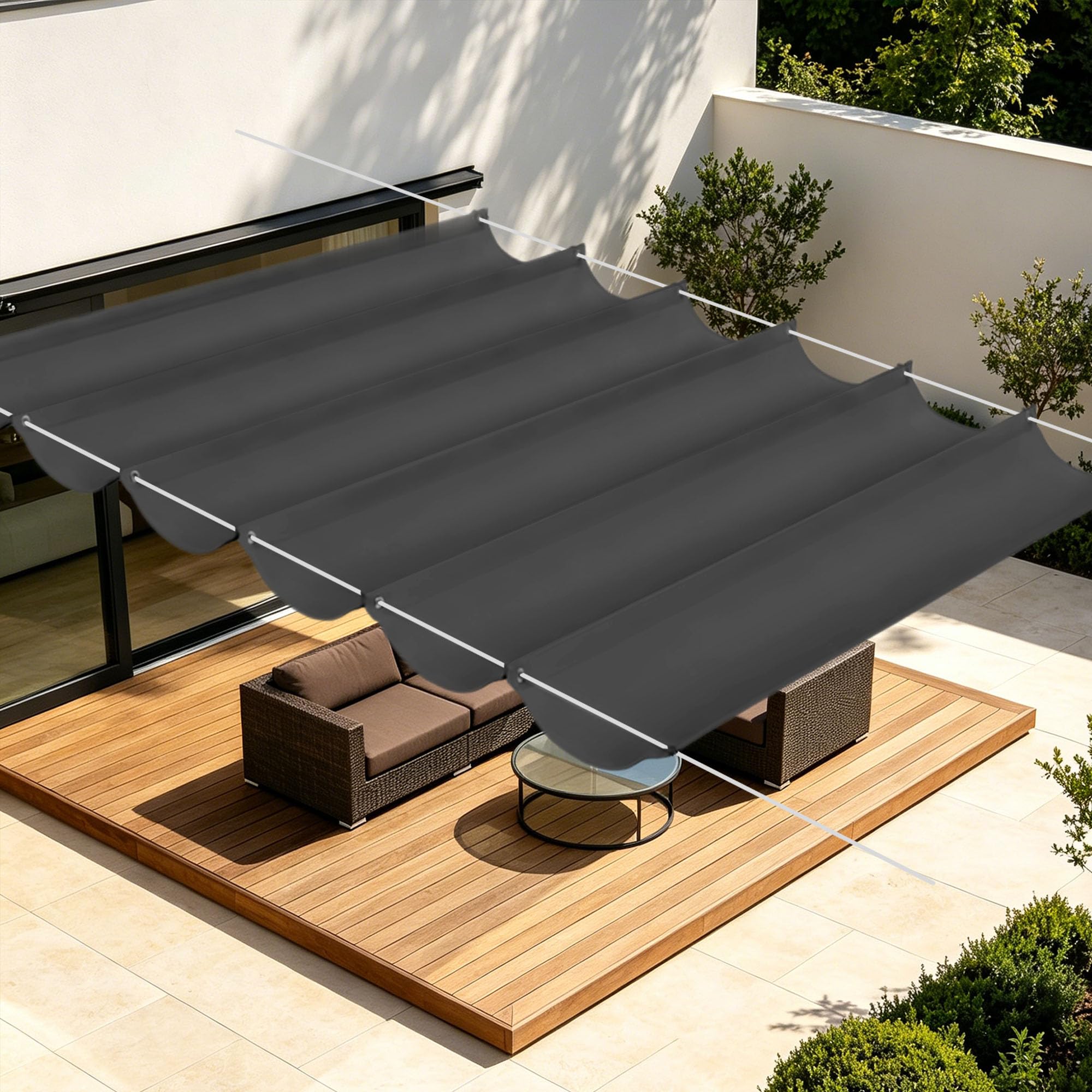 Verstellbar Schattenabdeckung Welle Sonnensegel 200 x 500 cm Wasserdicht Sonnensegel Rechteckig Reißfest für Terrasse, Garten, Balkon, Camping, Dunkelgrau