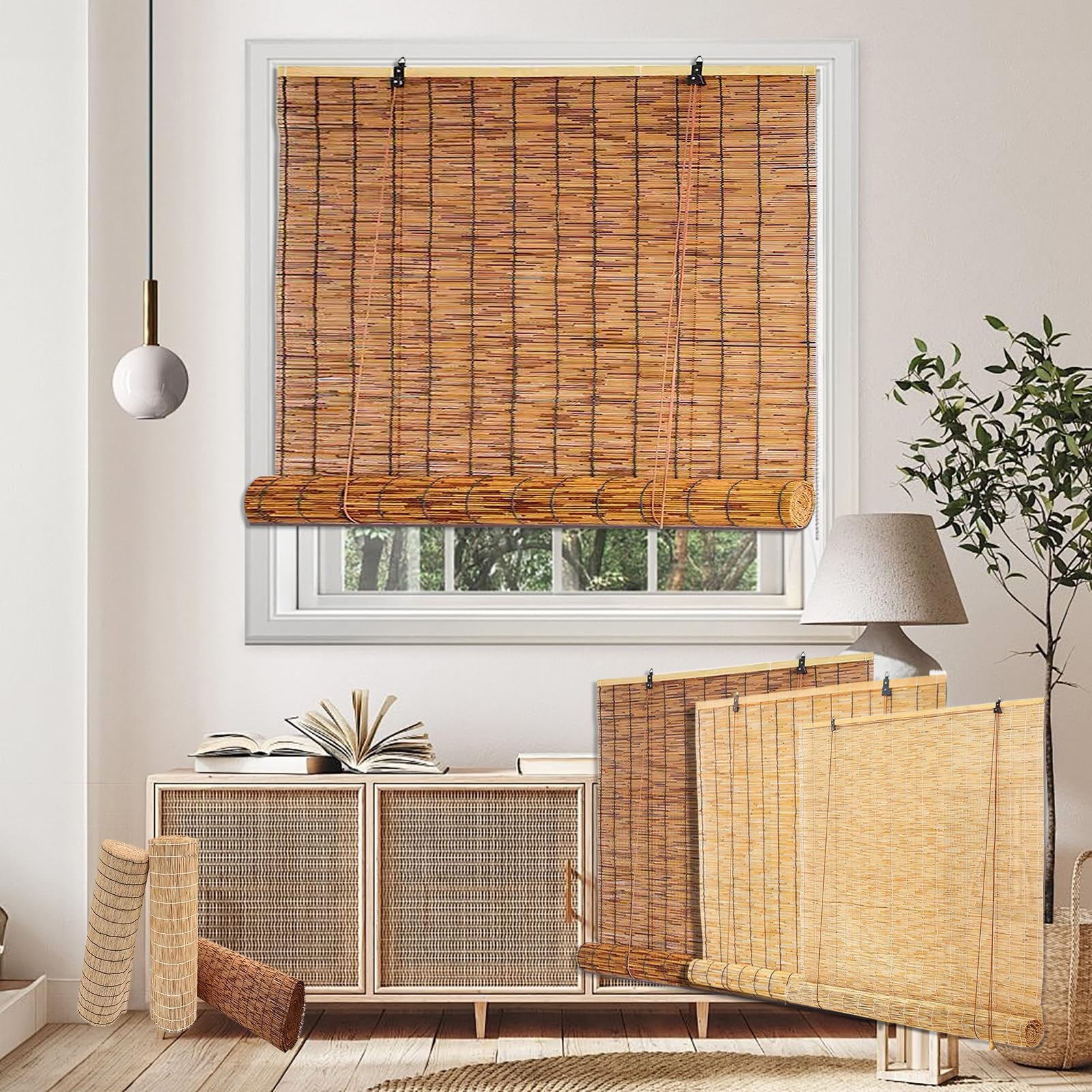 HaeBnug Outdoor Blackout Shade Bamboo Blinds For Patio Roll Up Sunshade Natural Reed Curtains Roman 36 48 90 100 120 150 160 180cm Made To Measure Blind Bamboo For Kitchen/Windows/Pergol/Balcony/Door