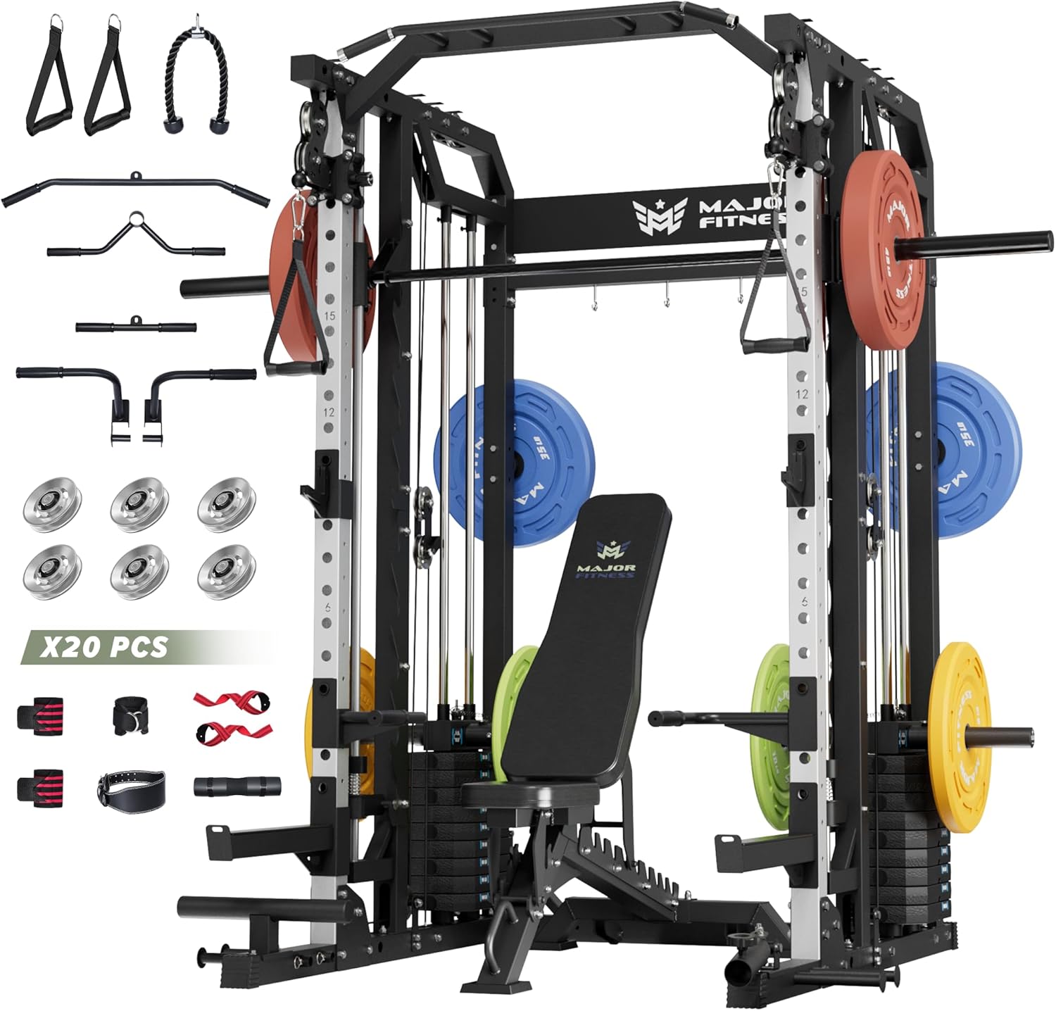 Major Fitness Smith△ Machine Drone2 Premium, All-in-One Home Gym Squat Rack with Aluminum Pulley Set, Weight Bar, Dual LAT Pull-Down Systems & Cable Crossover Machine for Full-Body Workouts