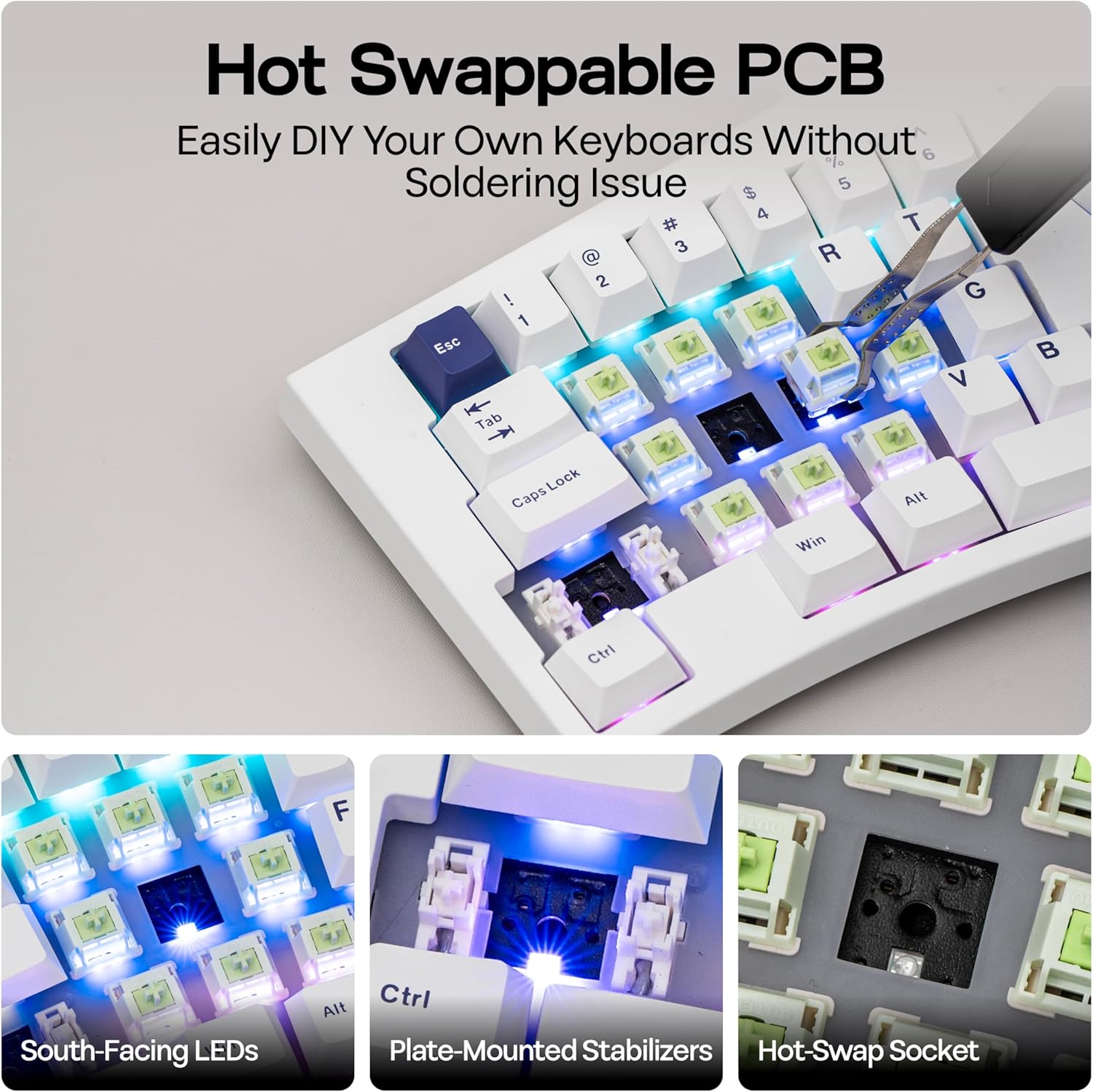 MechLands Feker Alice80 68 Keys Ergonomic Mechanical Keyboard, QMK & VIA Programmable, Wired Gaming Keyboard with Creamy Gasket, Hot Swappable, 5 Layer Paddings, NKRO, RGB for Win/Mac (White)