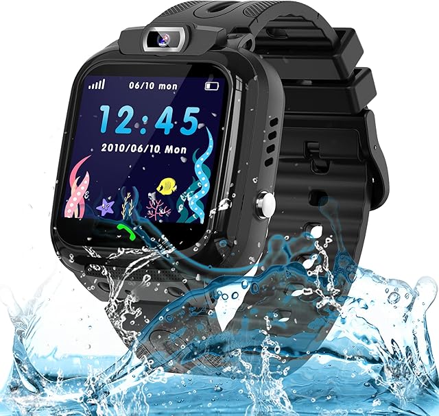 Kids Smart Watch Tracker Kids Phone Smart Watch for Kids, Waterproof Kids Smartwatches with Tracker SOS Voice Chat for 3-12 Years Old, Kids Gift, Black