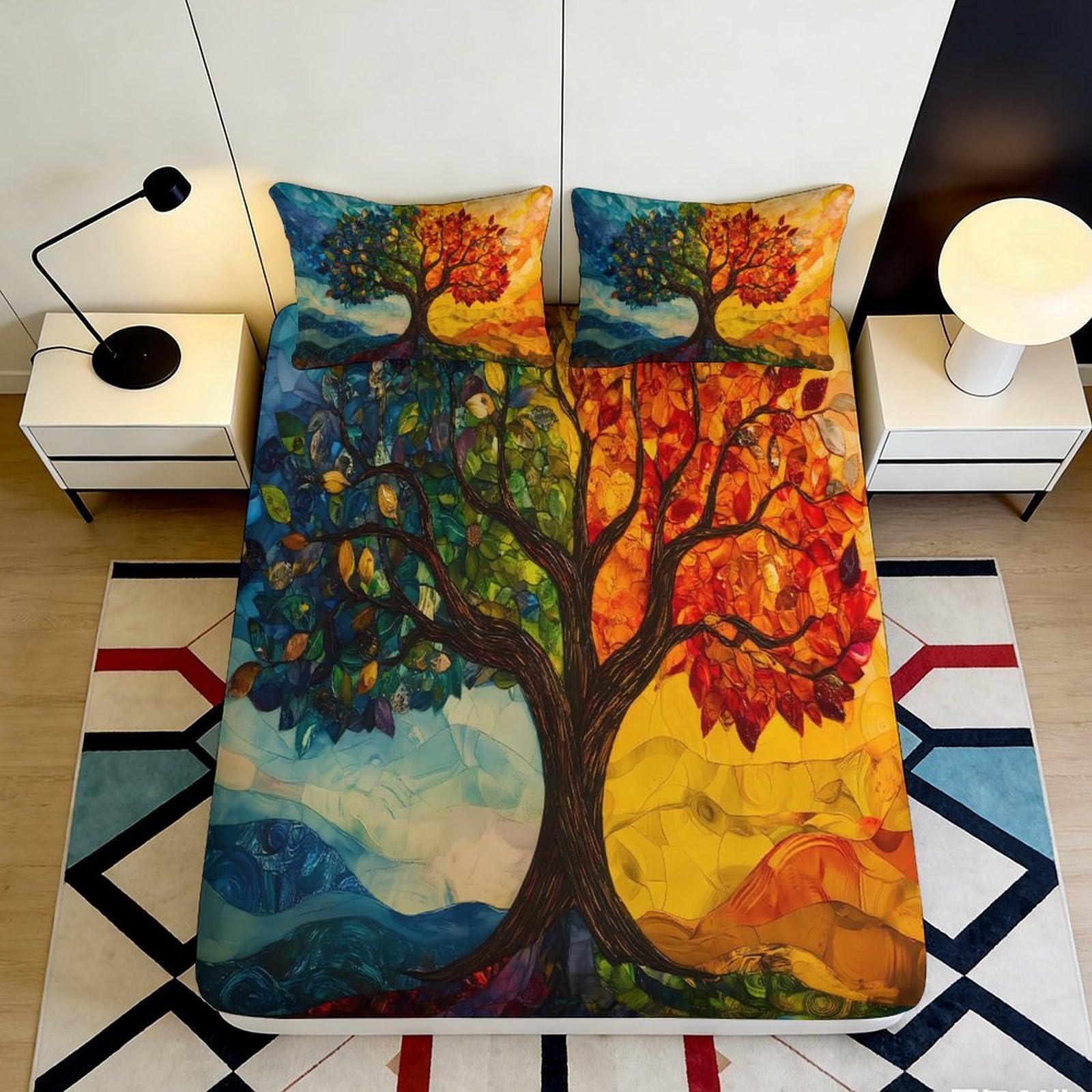 3D Printed Tree of Life Fitted Sheet Microfiber Artistic Four Seasons Bed Cover for Bedroom Dorm Mattress Protection Decor 90x200x25cm