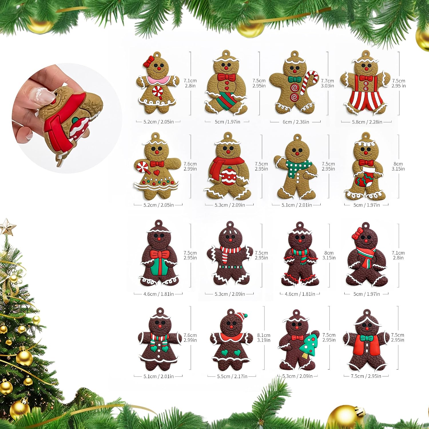 Gingerbread Christmas Decorations -16-Pcs Gingerbread Man Ornaments for Christmas Tree Set with Gift Box, 3 '' Assorted Hanging Decor for Christmas Tree, Indoor Home, Office & Holiday Party Decoration image 2