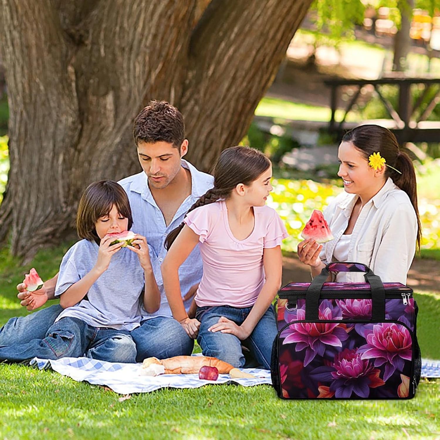 Insulated Picnic Backpack Tote Bag, Large Capacity 30L Flower Leaves Purple Red Flower Cooler Bag Leakproof Beach Bags Portable Lunch Box Waterproof Picnic Basket for Beach Camping BBQ