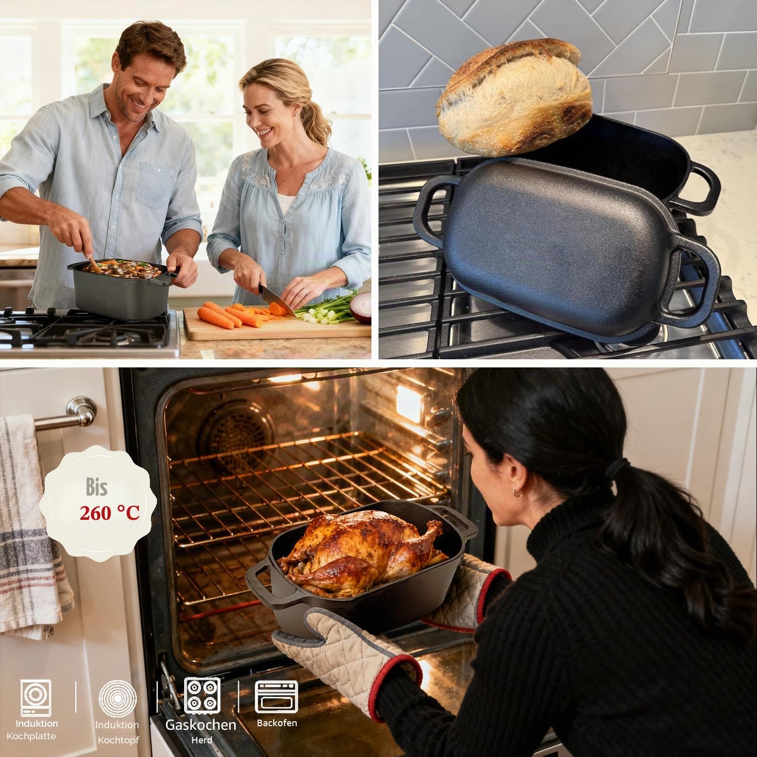 Gusseisen Brotbacktopf mit Deckel & Gärkorb – Dutch Oven für Sauerteigbrot – 4,6L Brotform mit Banneton – Komplett-Set zum Backen, Schmoren & Braten – Für Induktion & Backofen