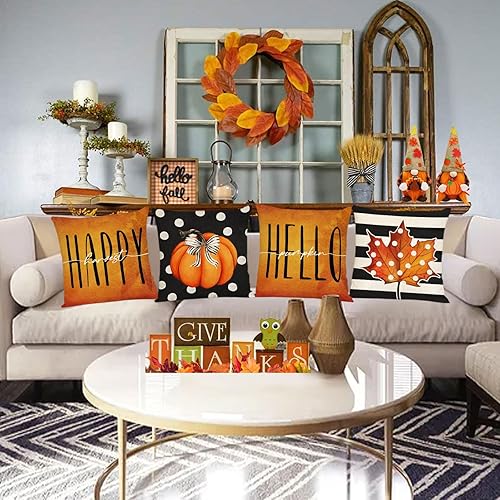 Miniatura 6 de Juego de 4 fundas de almohada de otoño de 12 x 12 pulgadas, fundas de almohada de calabazas de otoño de Acción de Gracias, fundas de cojín