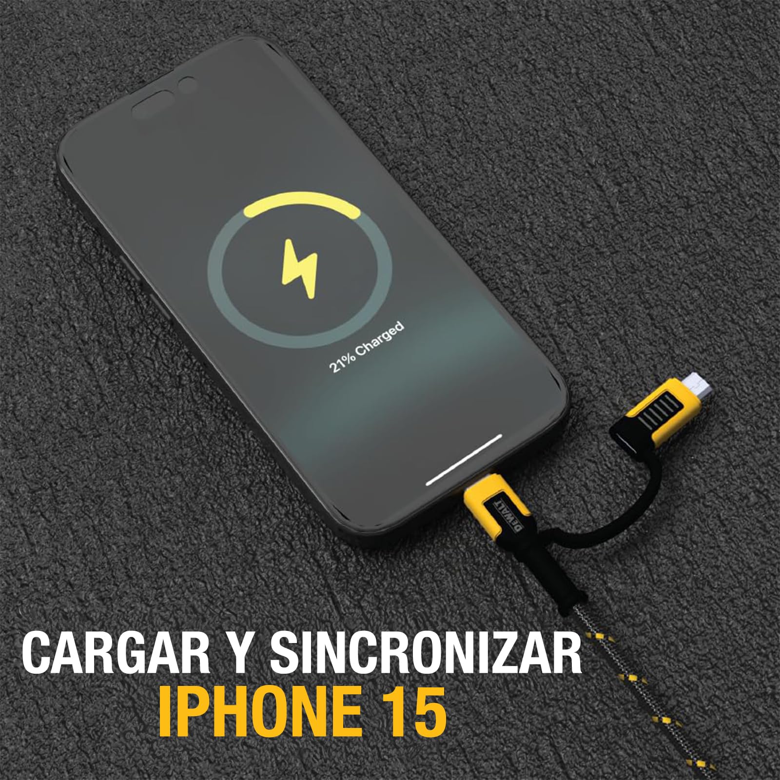 DEWALT Heavy Duty Cable 4-en-1 USB C/Micro USB/USB-A, Cable de Carga para iPhone 17/16/15, iPad, Samsung Galaxy y Android, Cable USB-C Todo en Uno 1,8 m Kevlar (Negro)