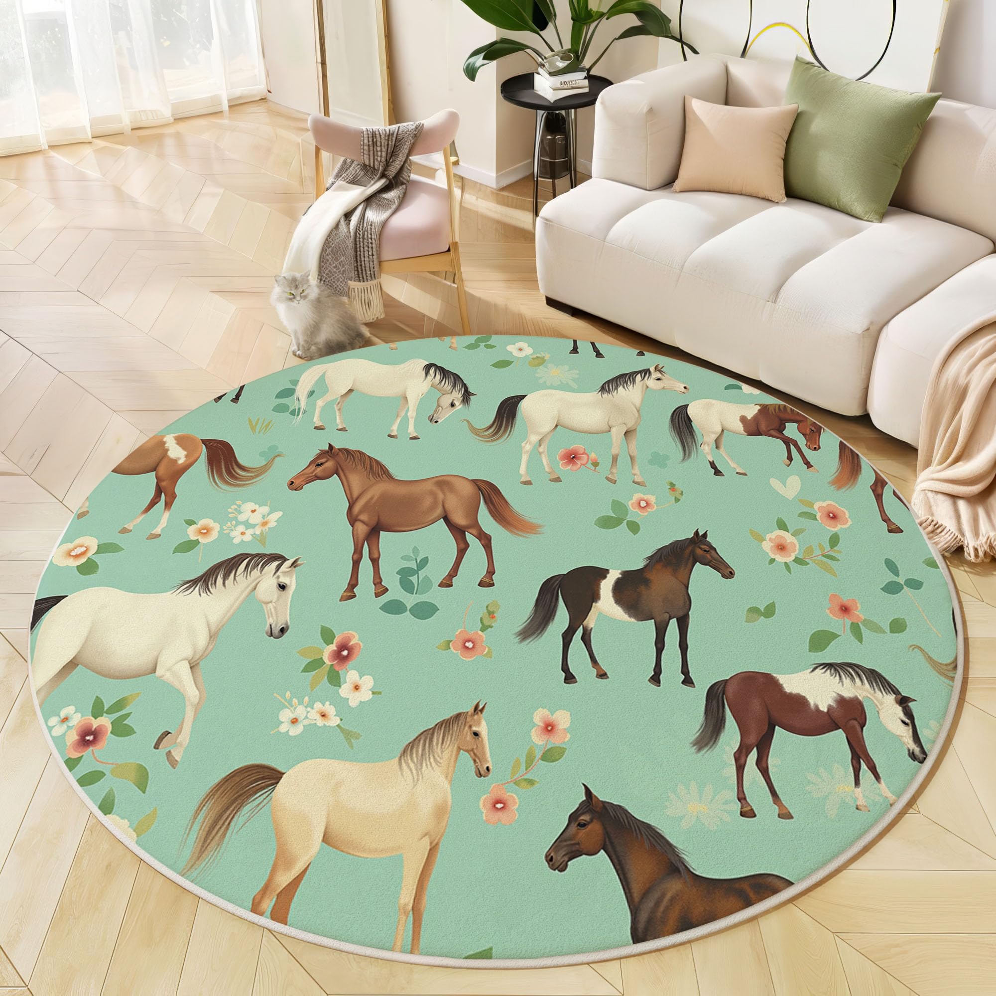 Tapis rond floral chevaux lavable et moquette douce antidérapante