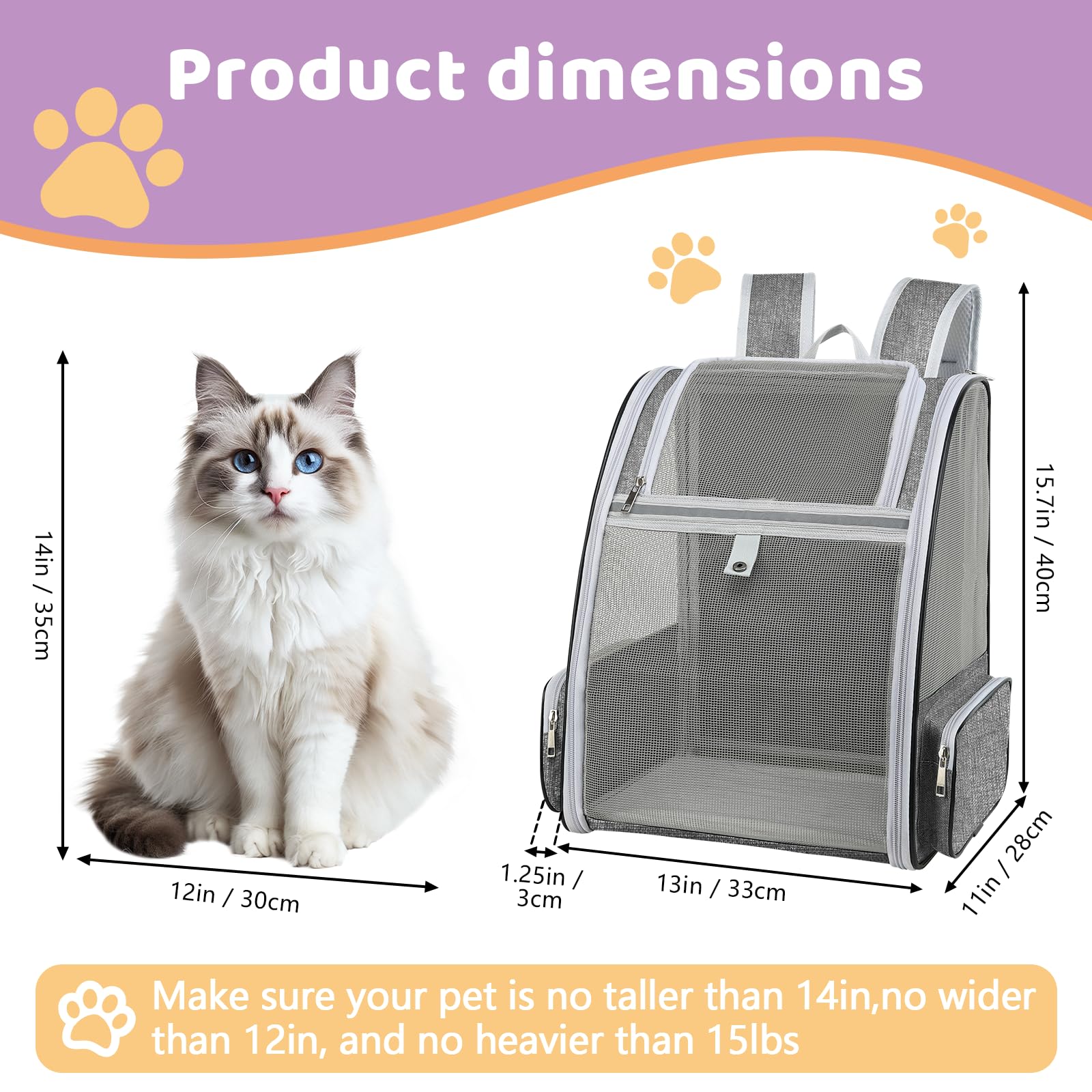 Cat Backpack Carrier Large Pet Backpack for Small Dog Medium Cat Puppy Kitten Bunny up to 15lbs, Ventilated Mesh Dog Collapsible Travel Backpack for Hiking Walking Outdoor