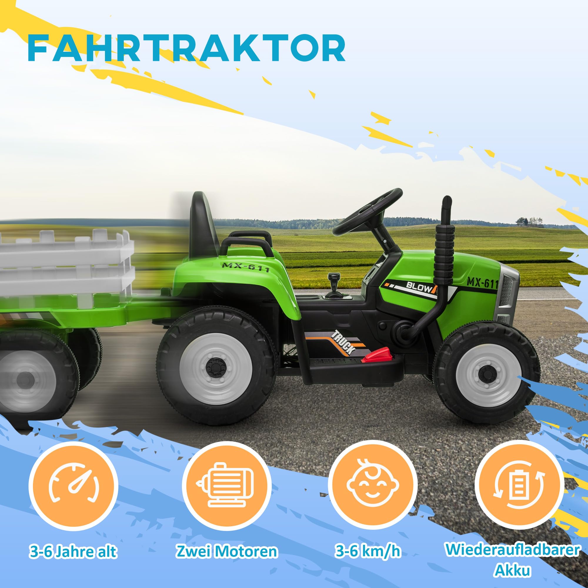 HOMCOM Elektrischer Traktor mit Anhänger 2,4G Fernbedienung 3-6KM/H Grün | Kinder Aufsitztraktor, Kinder Elektroauto mit MP3 Funktion, Kinderfahrzeug mit Scheinwerfer, für 3-6 Jahre