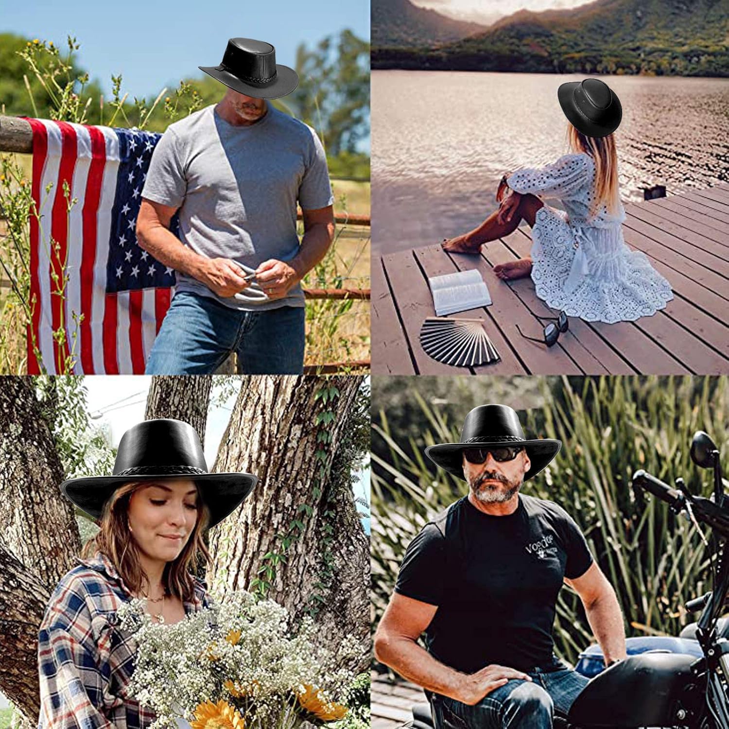 Cowboy Hats for Men and Women, Western Leather Outback Wide Brim Rain Cap - Image 6