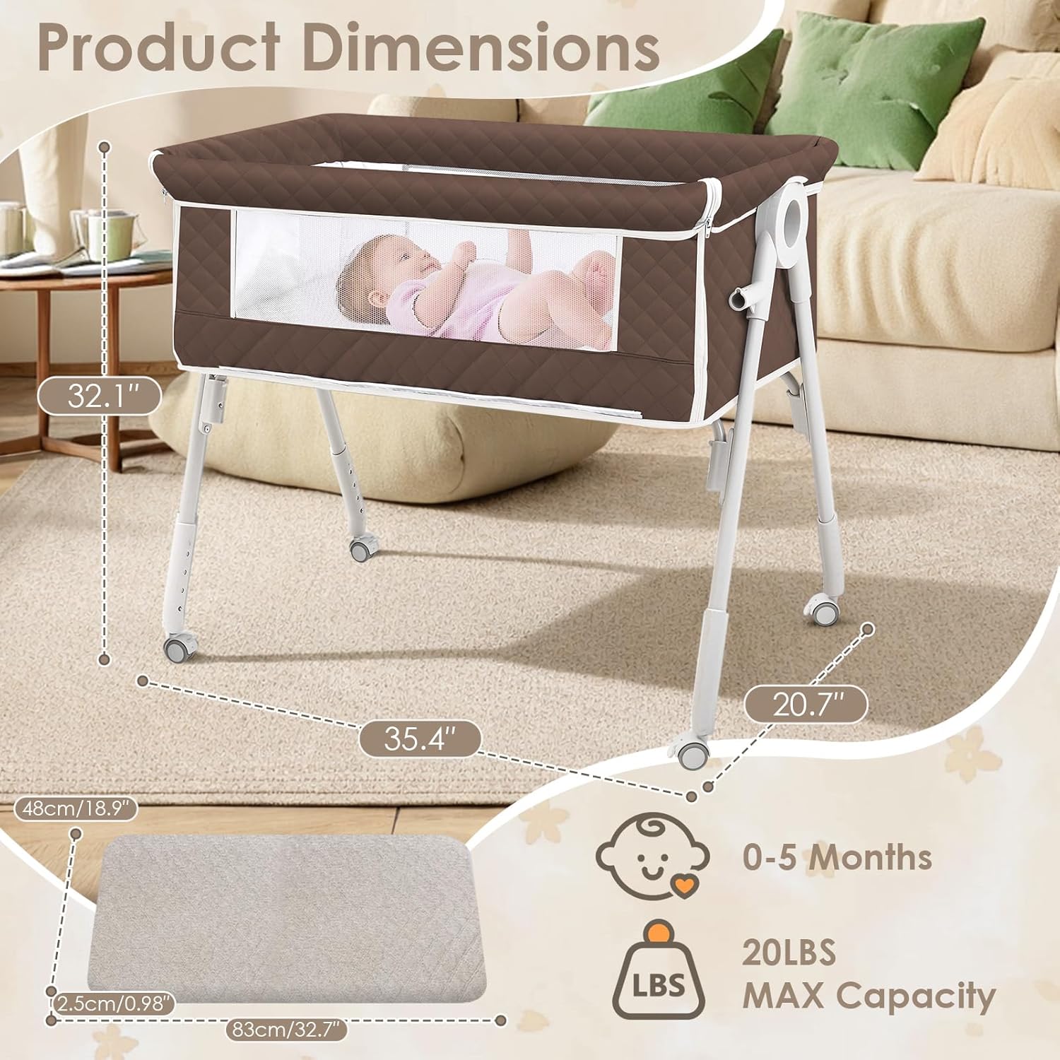 Baby Bassinets Bedside Sleeper, Portable Bassinets with Mosquito Net, Adjustable Height, Breathable Mesh, Storage Basket & Mattress, Baby Crib for Newborn to Toddlers (Coffee)