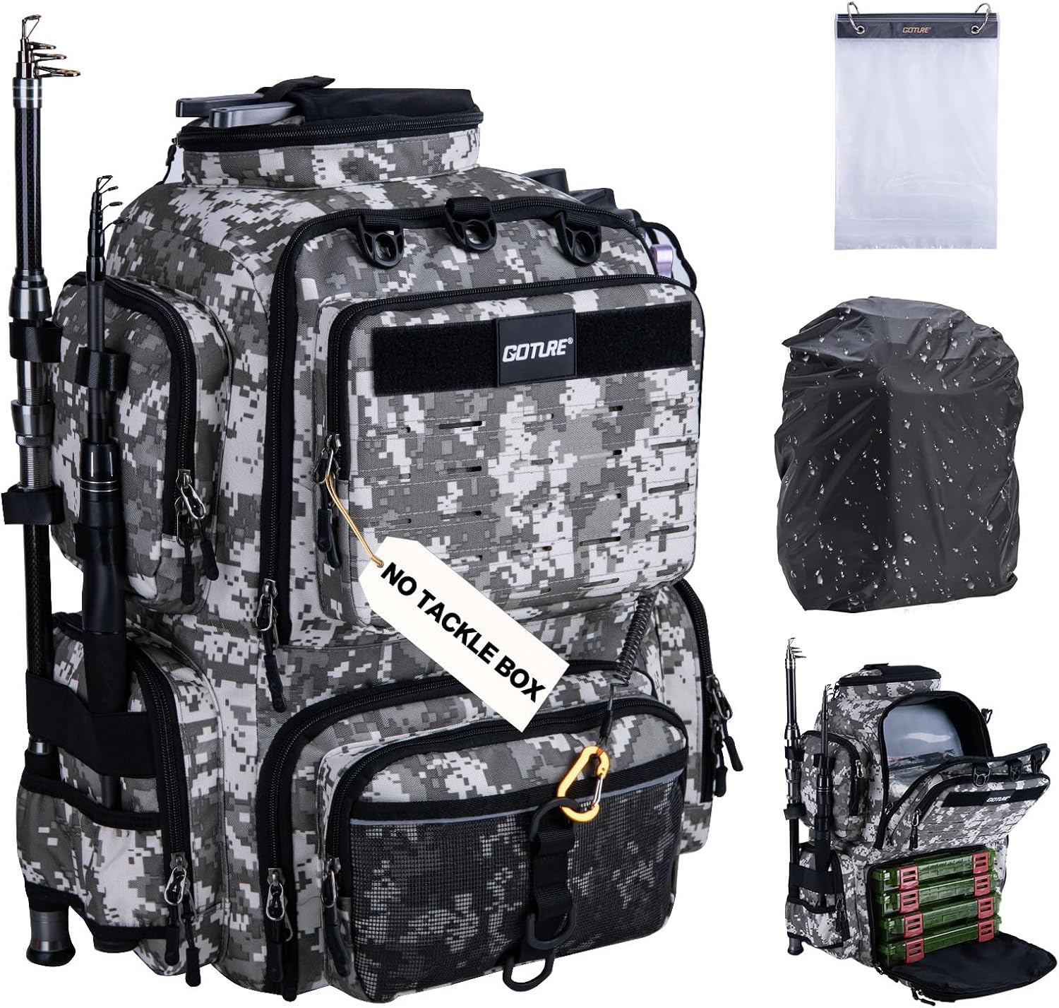 Goture Fishing Backpack,900D Water-Resistant Tackle Backpack with Rod Holders,45L Large Fishing Bag Storage Gear Tackle Bag with Rain Cover,Bottle Holder for Travel Camping Hiking(Without Tackle Box)