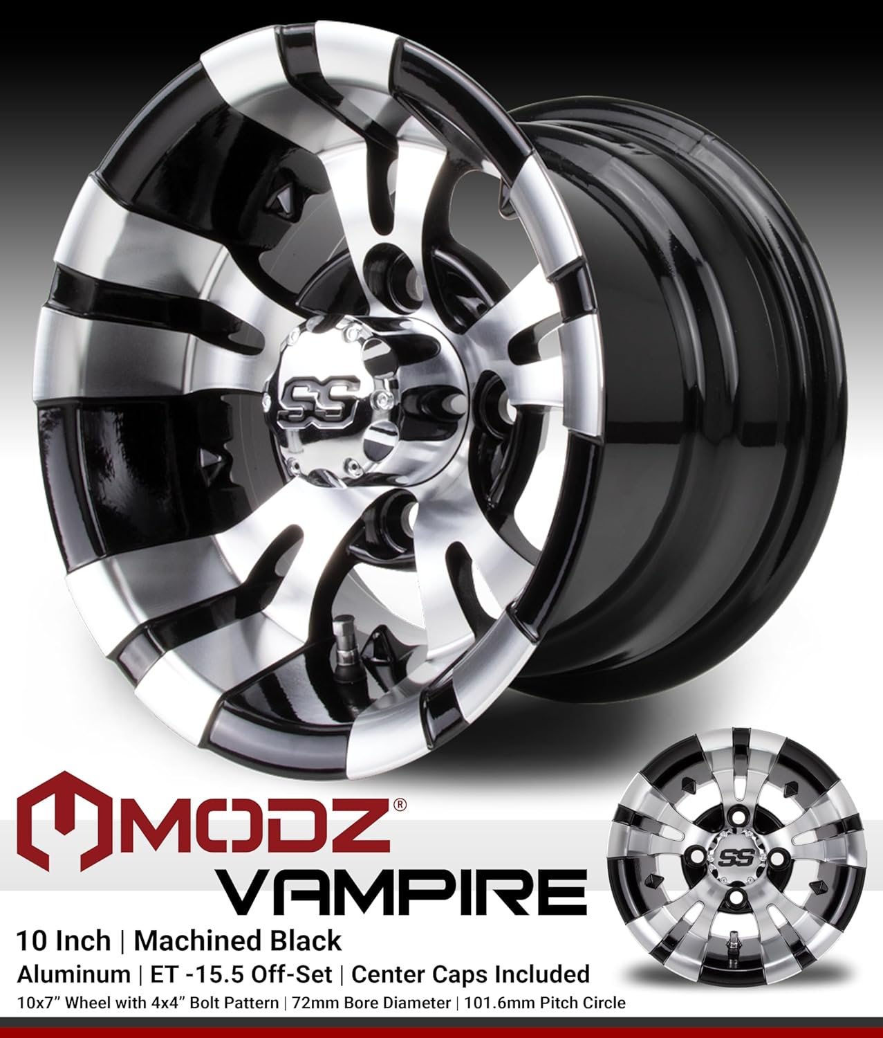 MODZ® Vampire Machined Black 10" Golf Cart Wheels and Arisun X-Trail (22x11-10) All-Terrain Golf Cart Tires Combo - Set of 4
