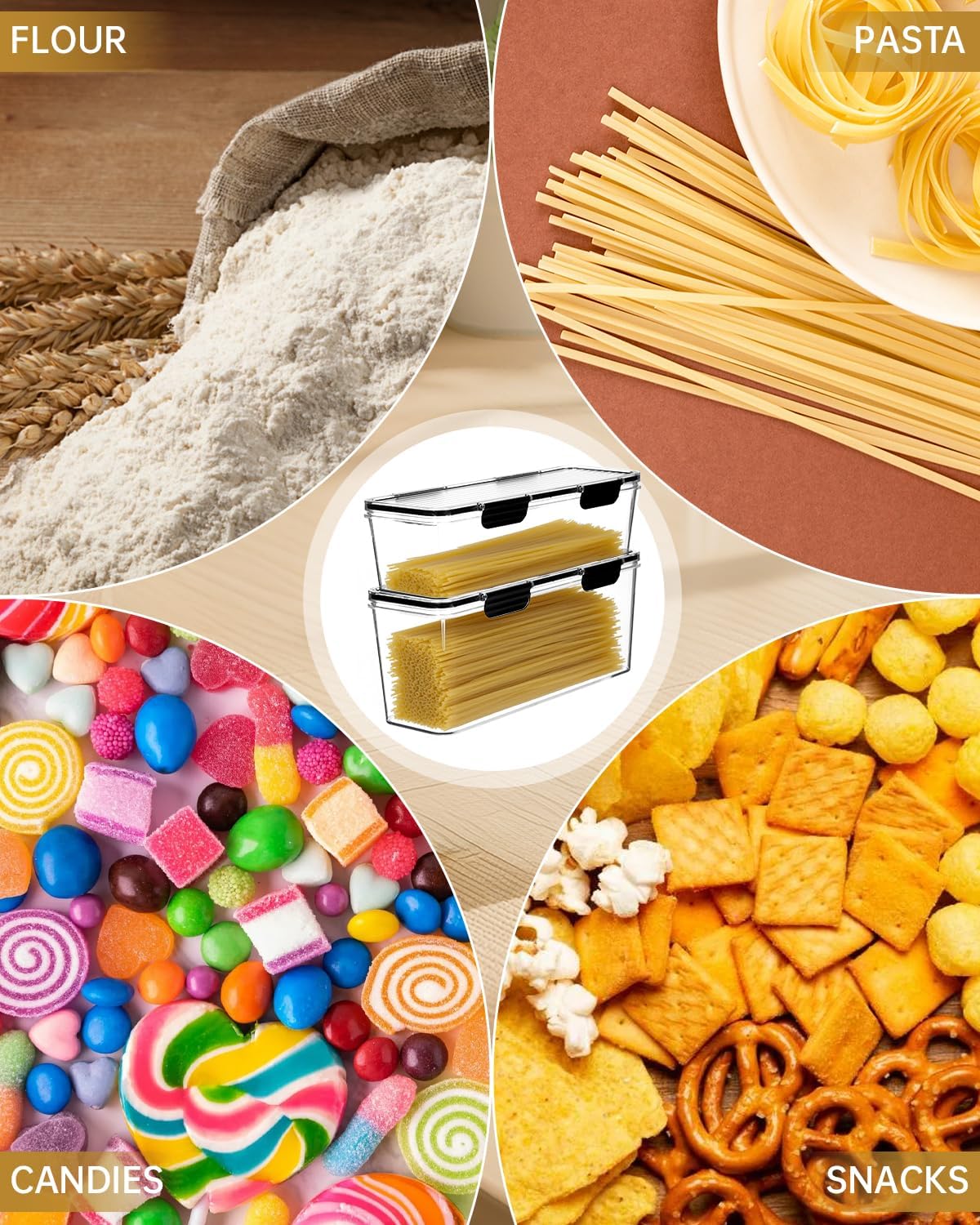 EORTA Set of 2 Spaghetti Pasta Storage Container with Lid, (3.6L/2.8L) Clear Kitchen Pantry Organizer for Noodles, Flour & Dry Food, Plastic Canisters Keeper Box with Black Cover, Size M/L (Black) - Image 9