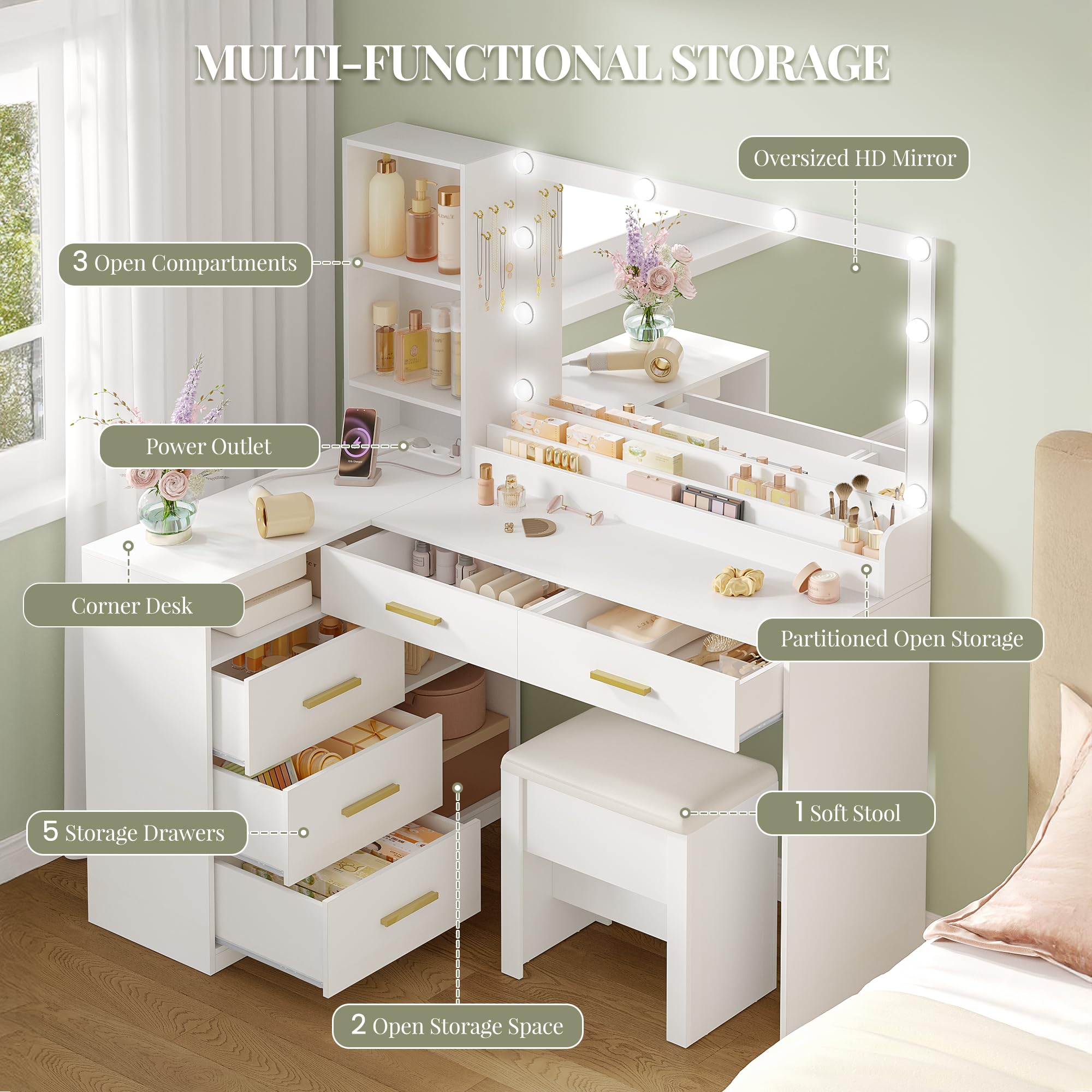 HEXCELEN Tocador de Maquillaje con Espejo LED, Brillo Ajustable, Mesa de Maquillaje con Toma de Corriente, Tocador con Taburete, 5 Cajones, Estantes de Almacenamiento, 40 × 120 × 139 cm, Blanco