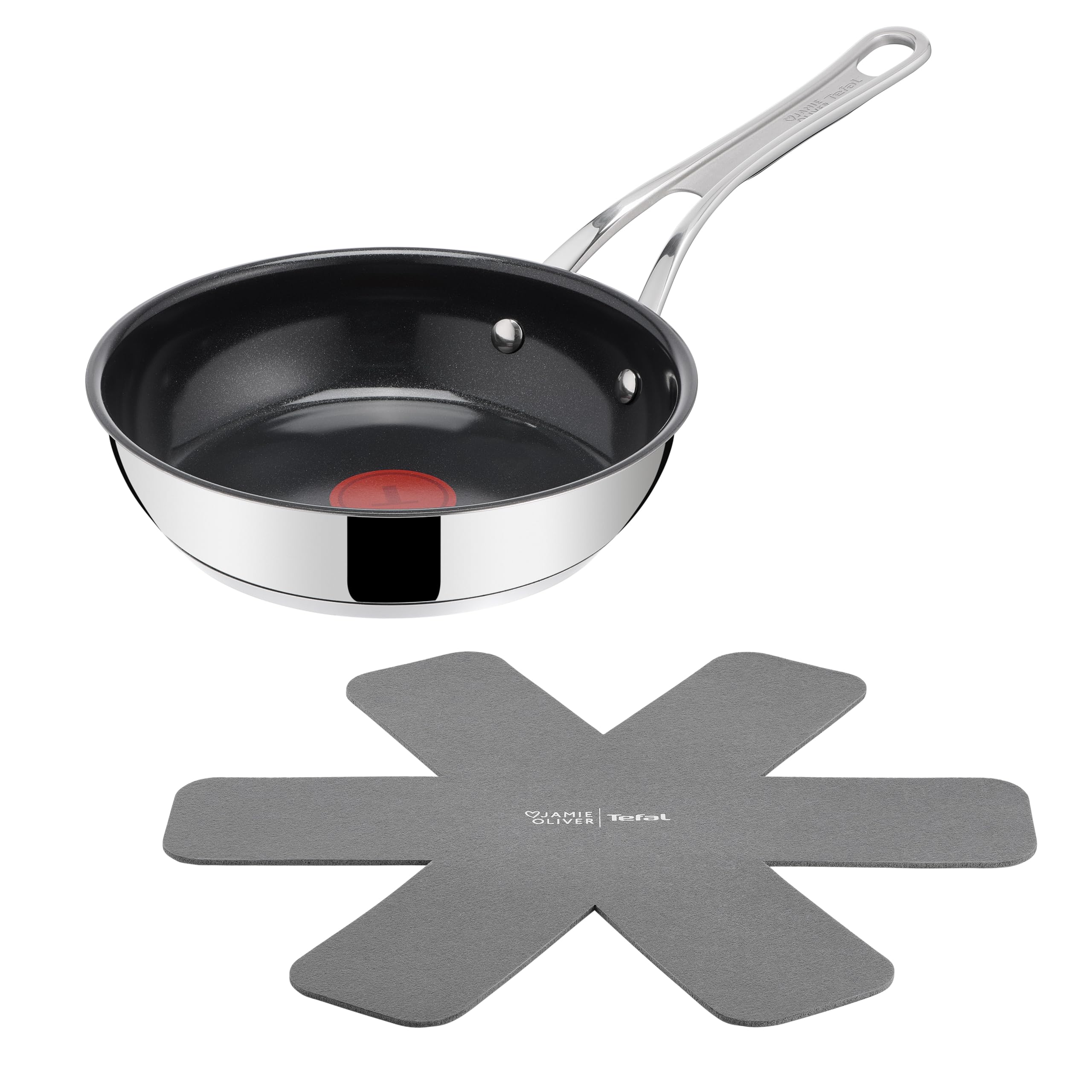 Jamie Oliver by TEFAL Classic Cook Bratpfanne 20 cm, inkl. Pfannenschoner, antihaftbeschichtete Keramikoberfläche, Thermo-Signal, für alle Herdarten, Edelstahl, H881S255