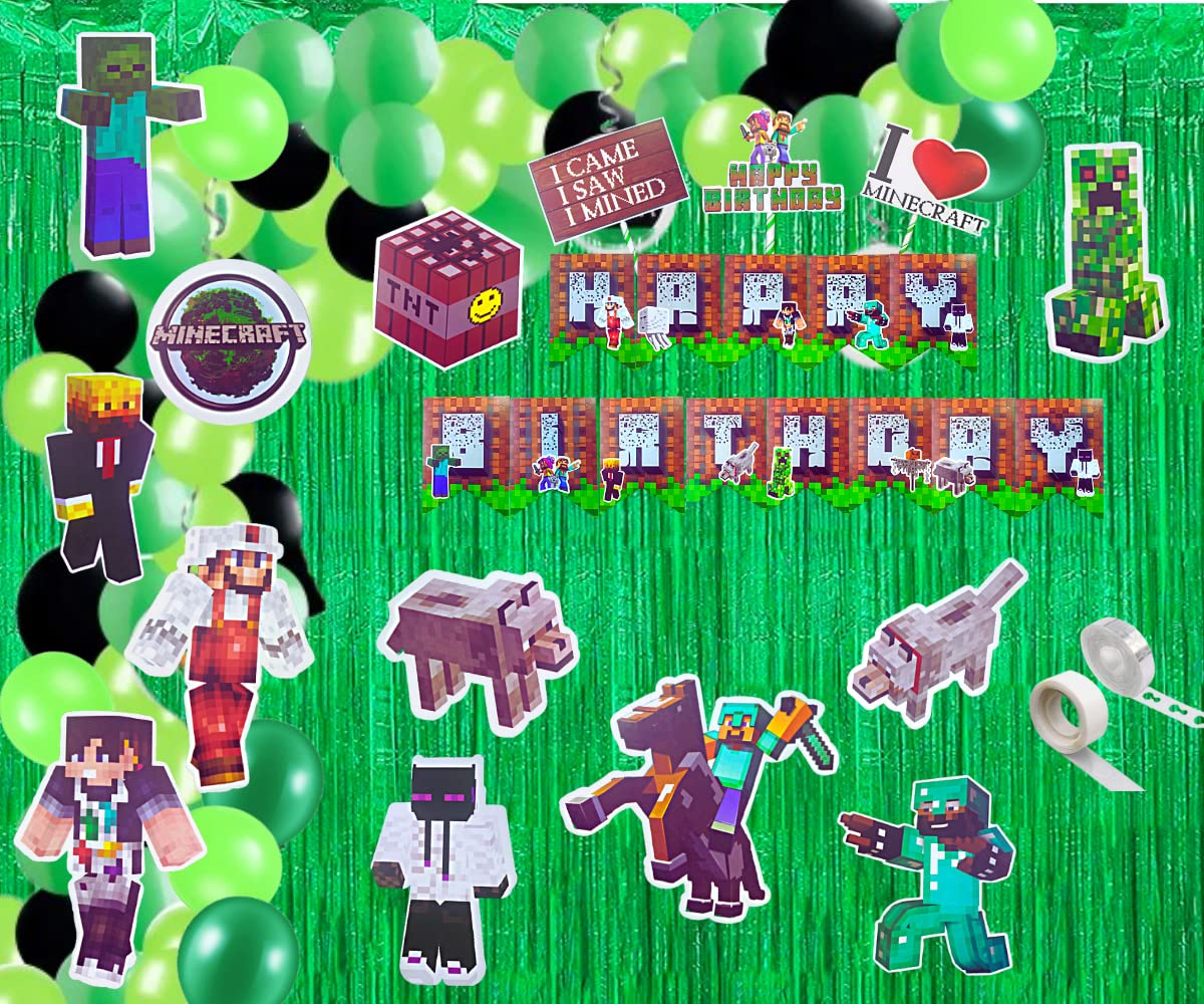 FI - FLICK IN 70 Pcs Minecraft Birthday Party Decorations Mine Craft Theme Decoration for Kids with Cake Topper Balloons (Pack of 70, Multicolor)
