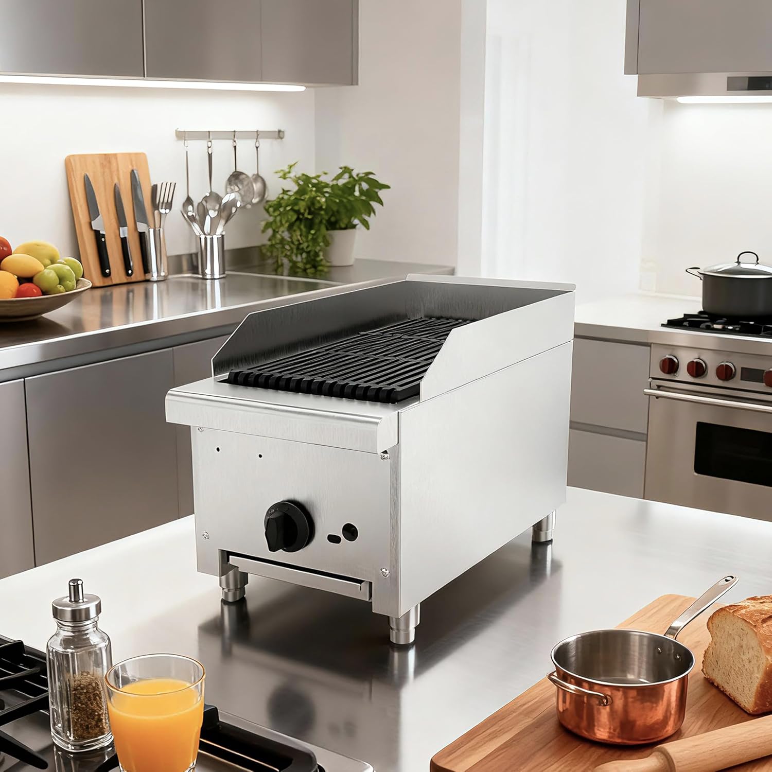 12 Inch Commercial Gas Lava Rock Charbroiler, Countertop Stainless Steel Grill with 1 Burner 28000 BTU, Natural Gas/Propane, Durable Cast Iron Grates, Restaurant BBQ Broiler