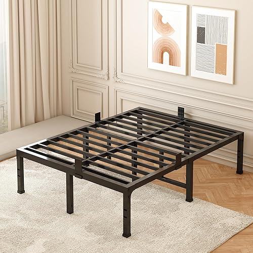 Miniatura 43 de FUIOBYVV Marco de cama King con plataforma de metal resistente de 14 pulgadas, soporte de cama tamaño King de hasta 3500 libras, no necesita somier,