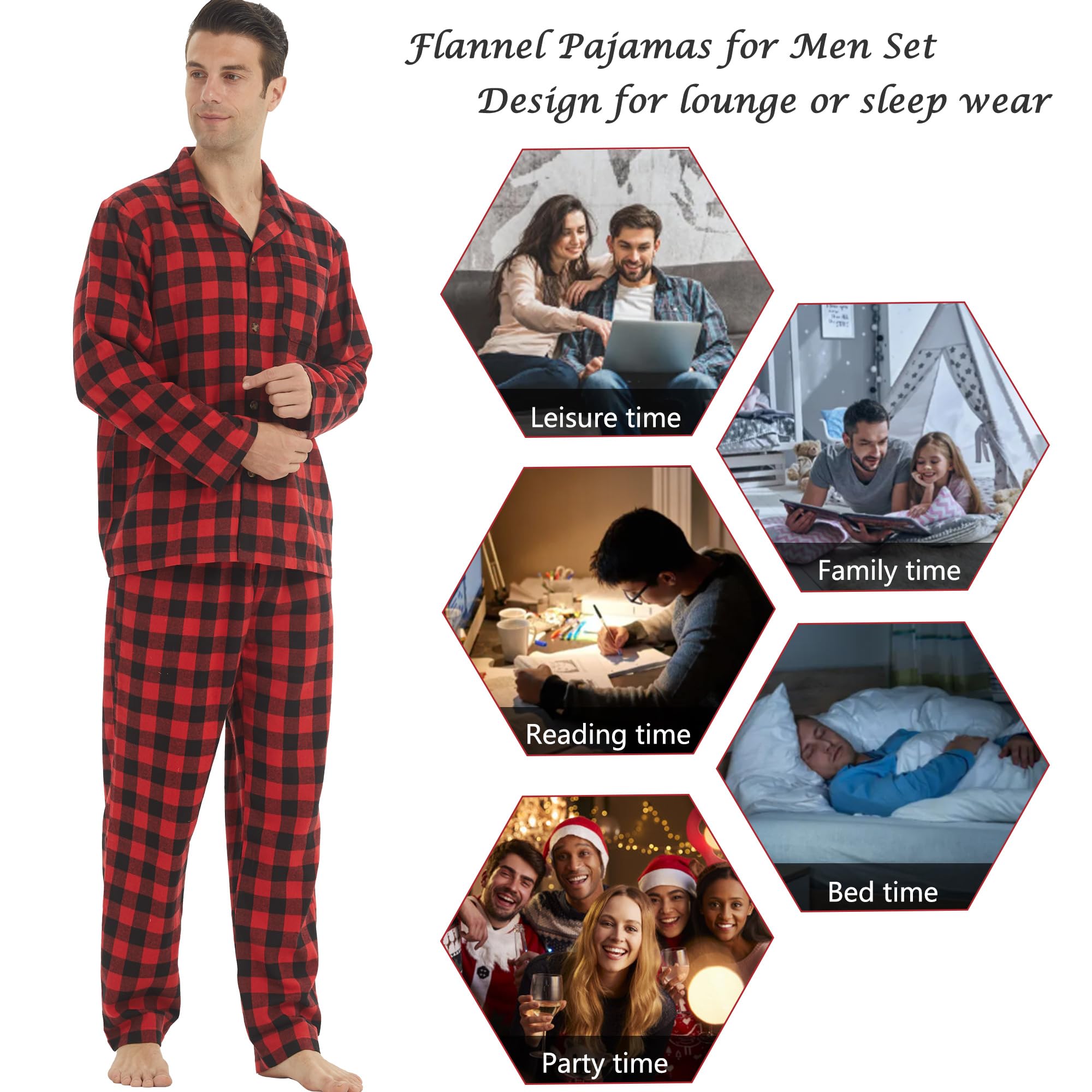 Conjunto de pijama de franela para hombre, de algodón, a cuadros, con bolsillo, manga larga, parte superior e inferior, ropa de dormir suave para invierno