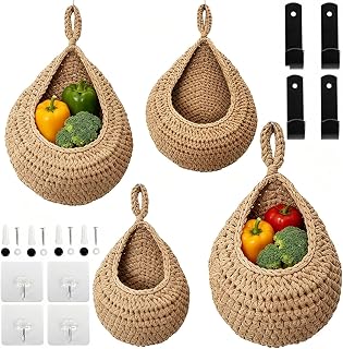 4 Stück Hängekorb Wandkorb Hängend, Geflochtene Wandkörbe zum Aufhängen mit Wandaufklebern und Haken, ideal zur Aufbewahrung von Obst und Gemüse sowie zum Organisieren und Dekorieren