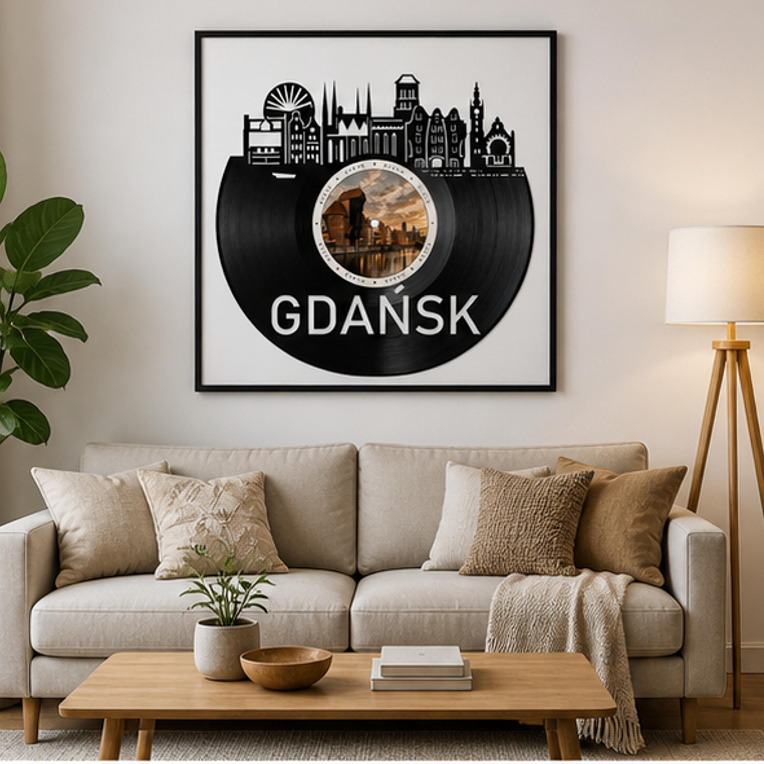 EVEVO Dekoracja ścienna z płyty gramofonowej w ramie 32 x 32 cm Gdańsk - winylowa sztuka ścienna Polska, prezent dla fanów Gdańska, miłośników historii