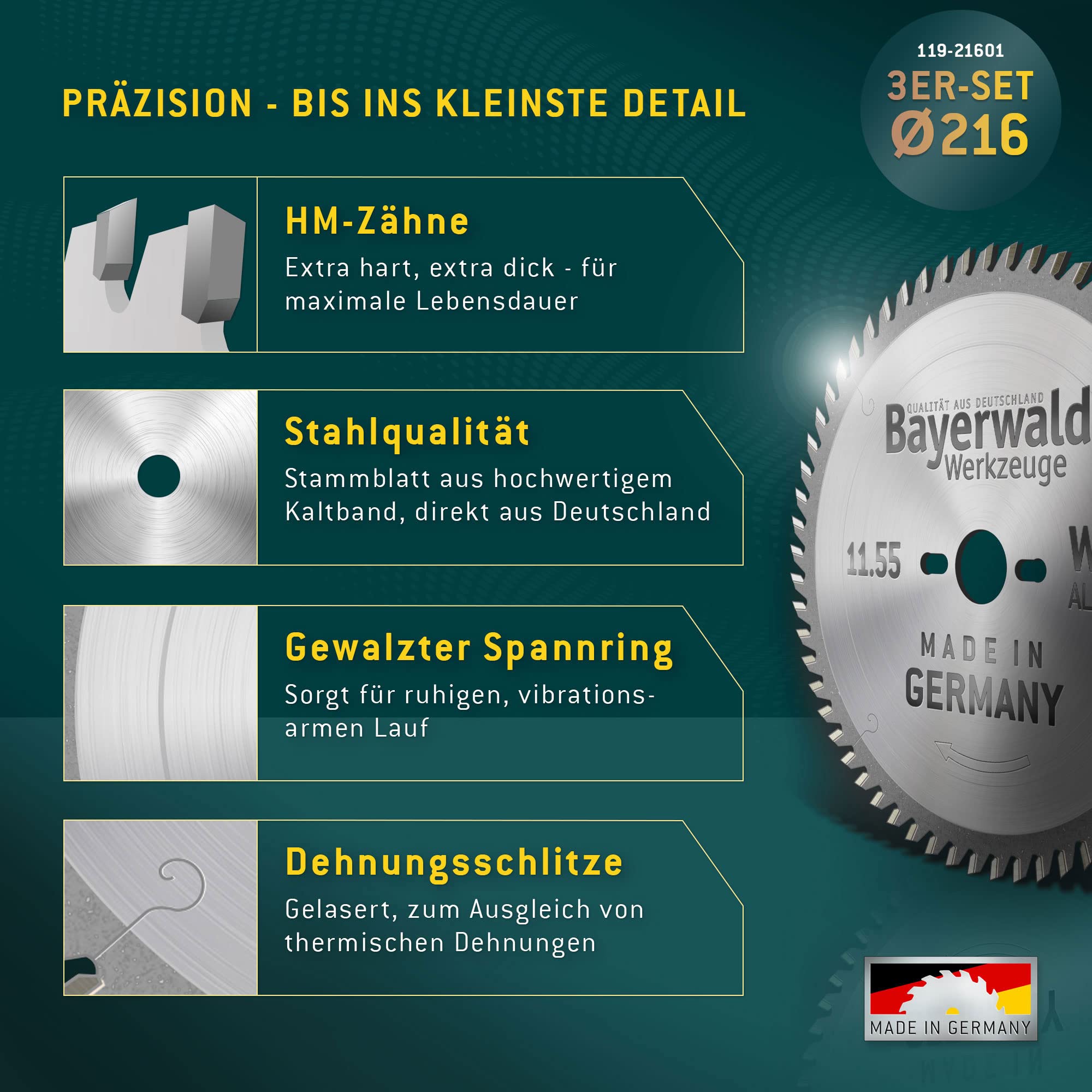 Juego de hojas de sierra circular Bayerwald Ø 216 (3 piezas) - para metales no ferrosos y madera - adecuado para sierras de mesa, por ejemplo, para Bosch GTS 635 y Metabo TS 216 y muchas más.