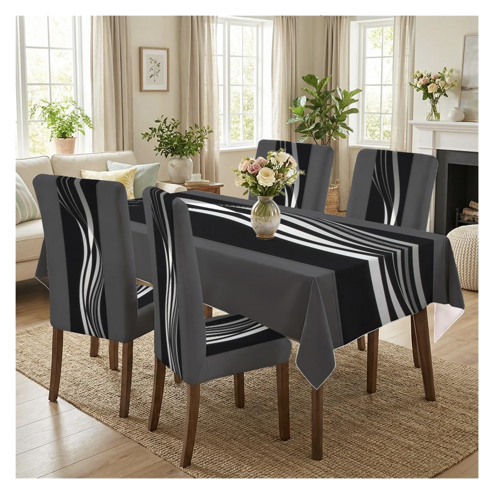 BOSUYBN Modern Abstract Flowing Line Dining Chair Covers & Tablecloth Set, 5/7 Piece Grey Black Slipcovers For Contemporary Home Decor Table Setting(5pcs Set: Tablecloth+Chair Covers)