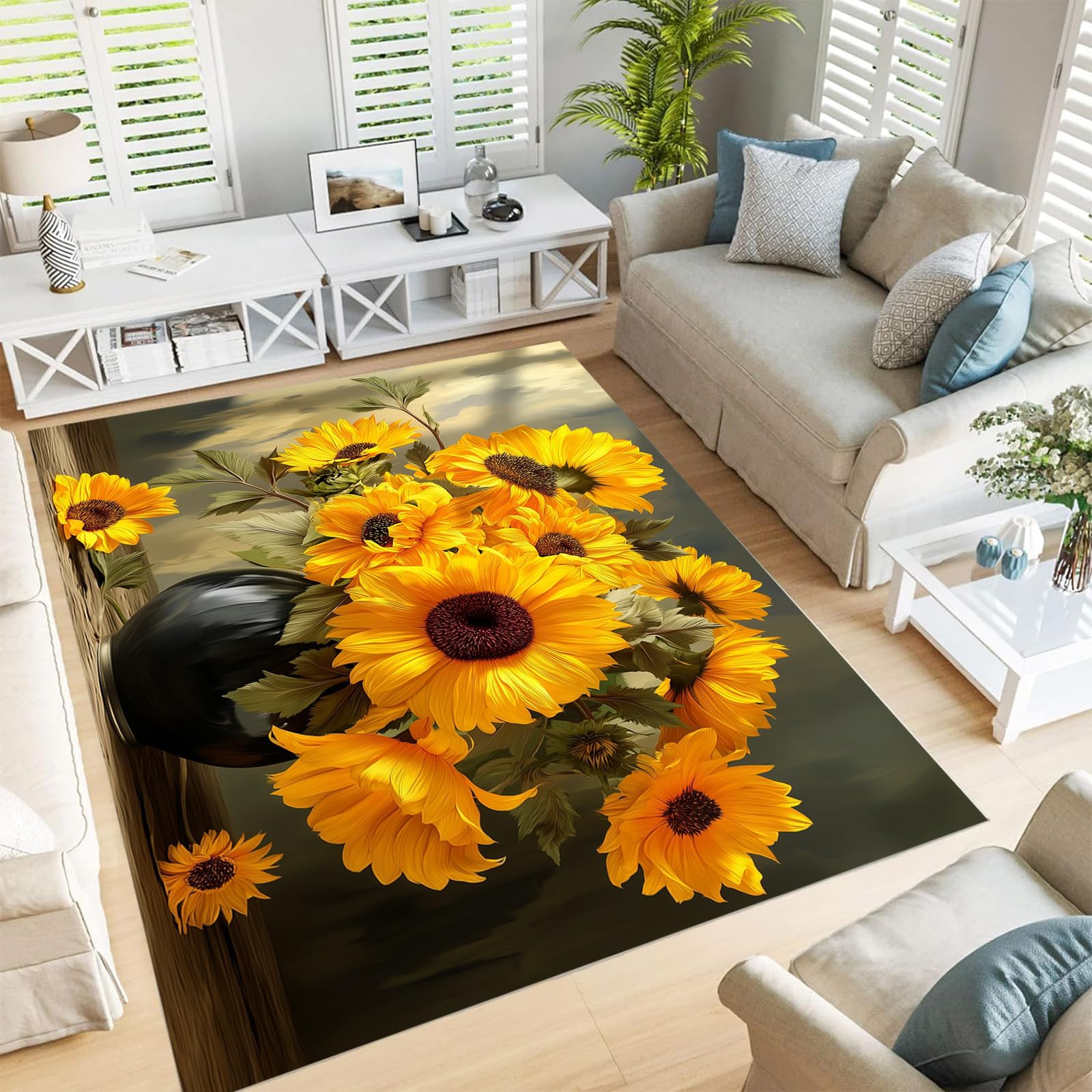 Tapis de salon 160x230 cm avec grand motif tournesol en effet 3D pour la chambre