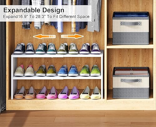 Miniatura 4 de Organizador de zapatos blanco para armario, estante de zapatos expandible de 2 niveles, apilable, combinación de madera de hierro, estantes pequeños