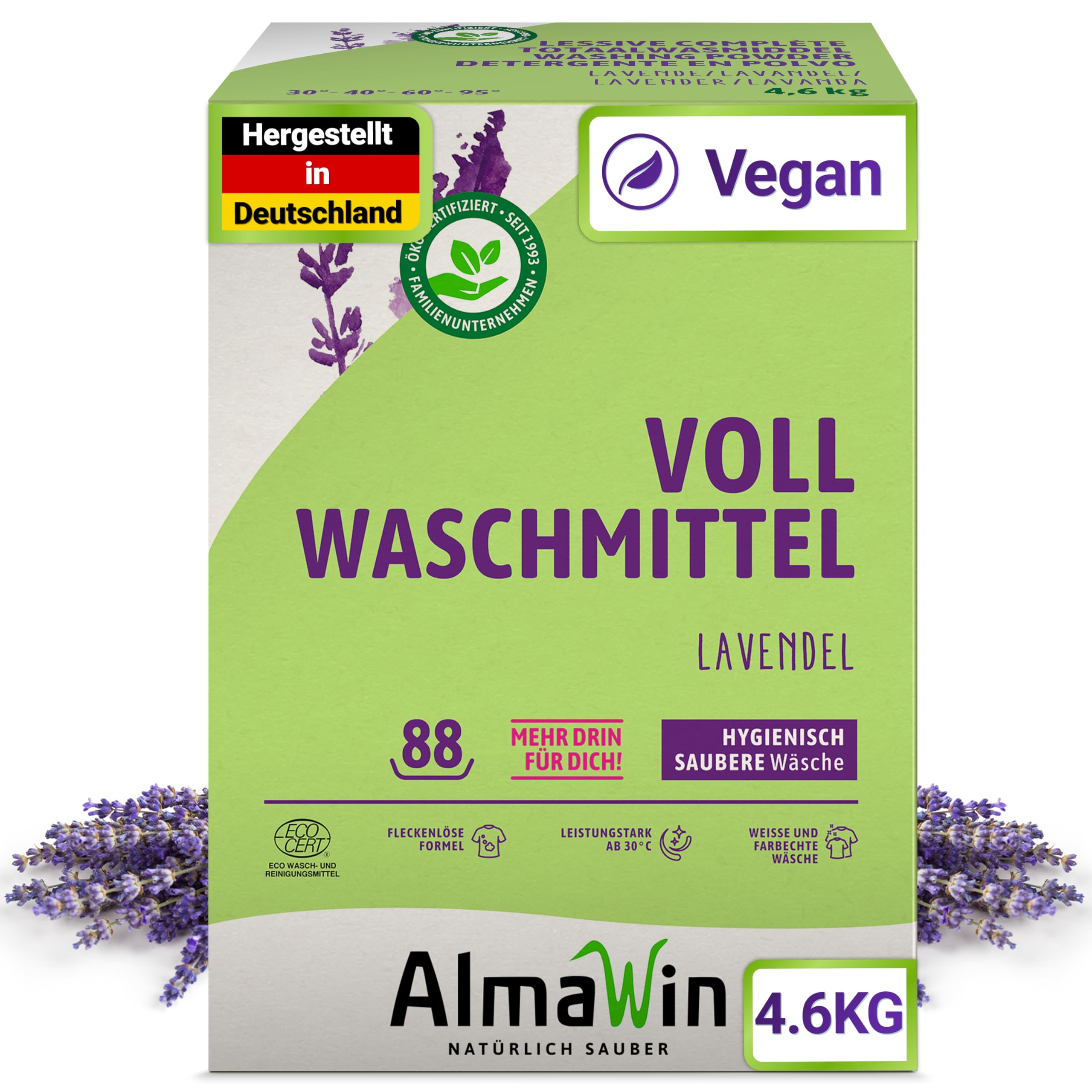 AlmaWin® Vollwaschmittel Pulver [4,6kg - 88 Ladungen] mit Lavendel-Duft für strahlende Reinheit - Waschmittel Pulver für alle weißen & farbechten Textilien [30-95°C] - Veganes Voll-Waschpulver