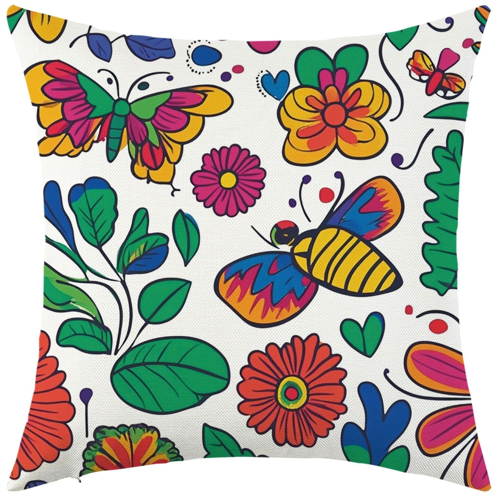 Cushion Covers 40cm x 40cm Leaf Green Butterfly Decorative Pillows Linen Square Sofa Bed Cushions with Invisible Zipper Throw Pillow for Living Room Outdoor Pillowcases