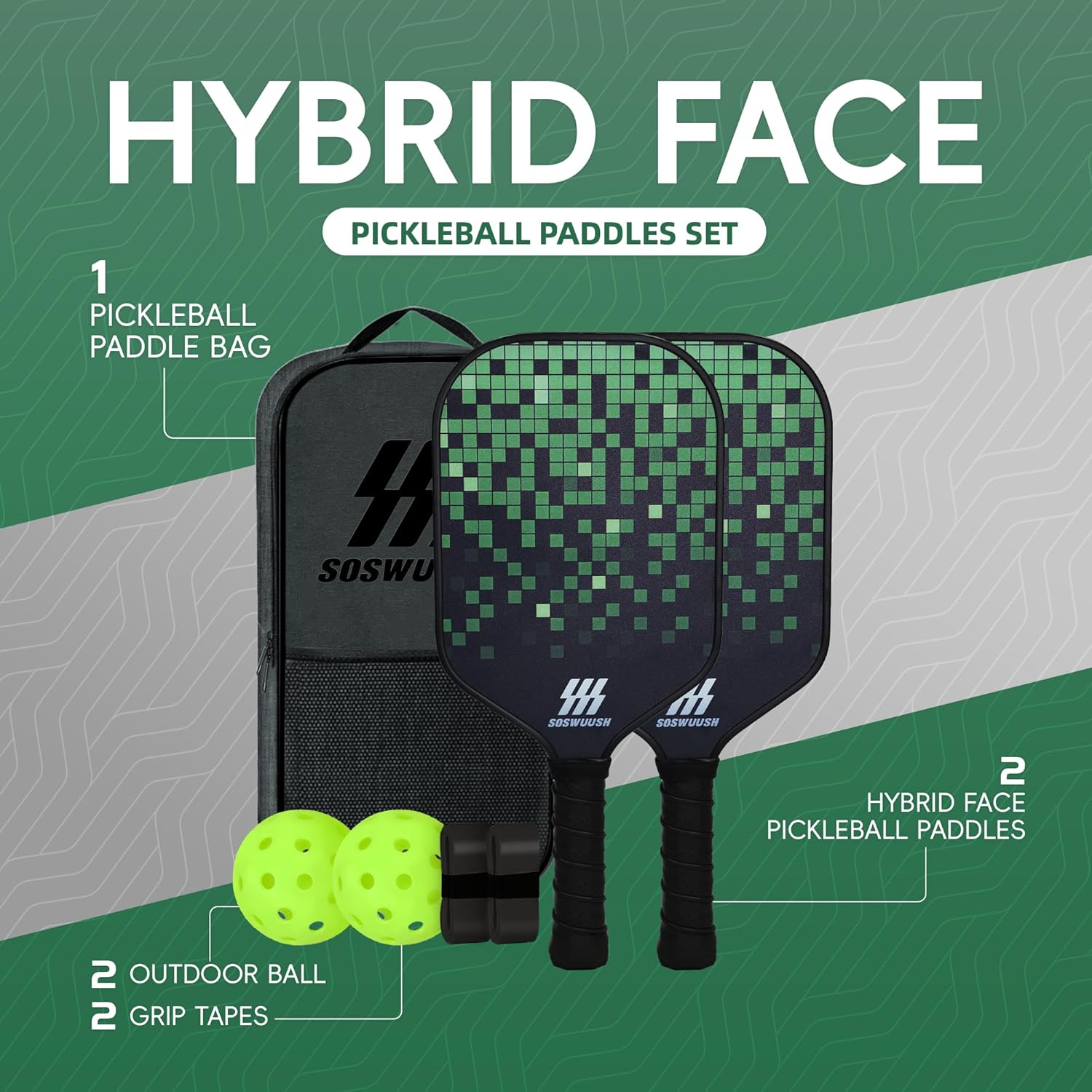 Carbon Fiber Pickleball Paddles Set of 2 - Carbon Fiber & Fiberglass Hybrid Face with Polypropylene Honeycomb Core, Cushion Grip and Carry Bag