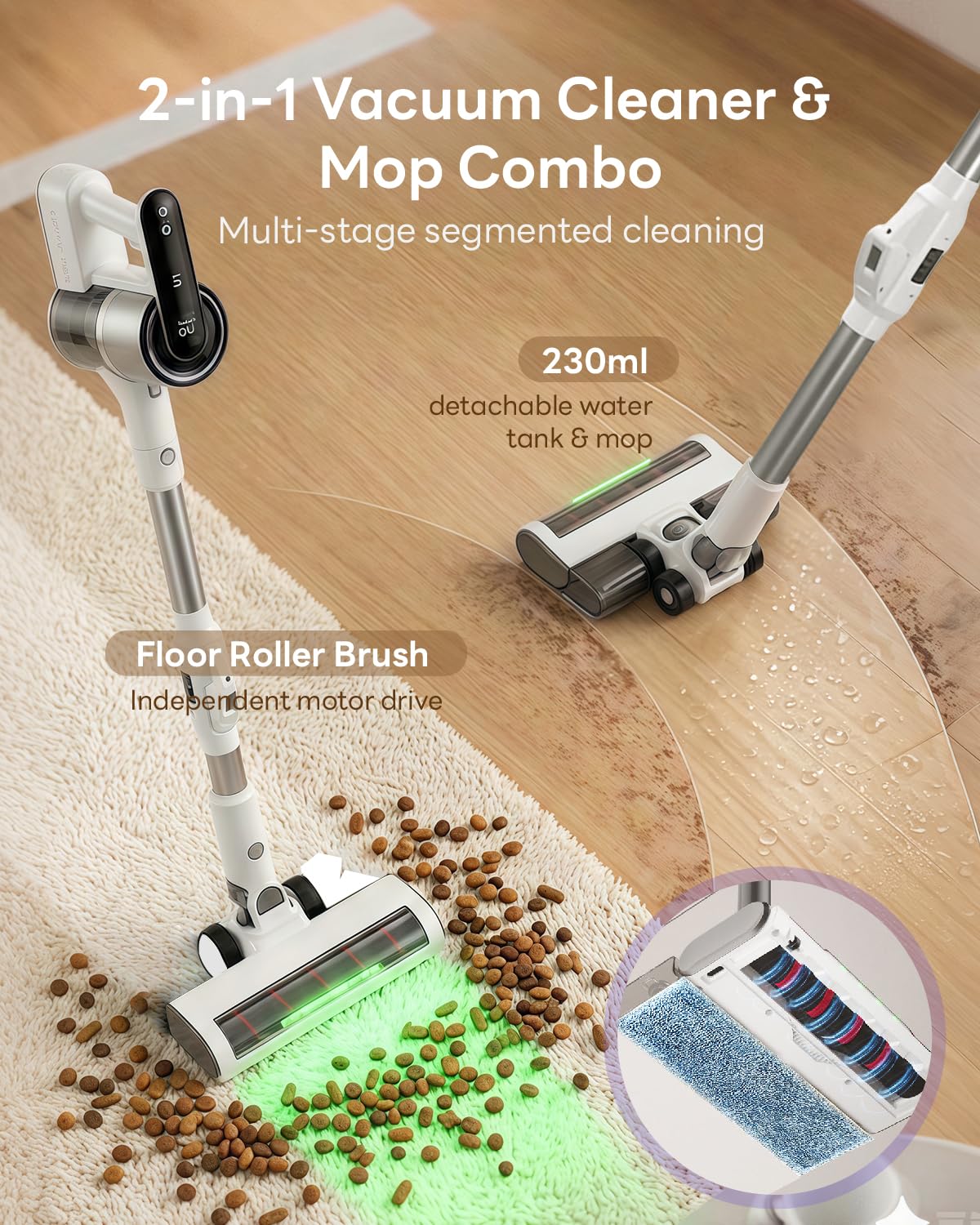 Aspirateur Balai Sans Fil, 15 000 Pa/40 000 RPM/30 Min, Aspirateur Laveur Autoportante avec Tube Pliable, Lumière Verte, Filtration Anti-Allergènes, pour Poils d'Animaux, Tapis, Sols Durs, Voiture