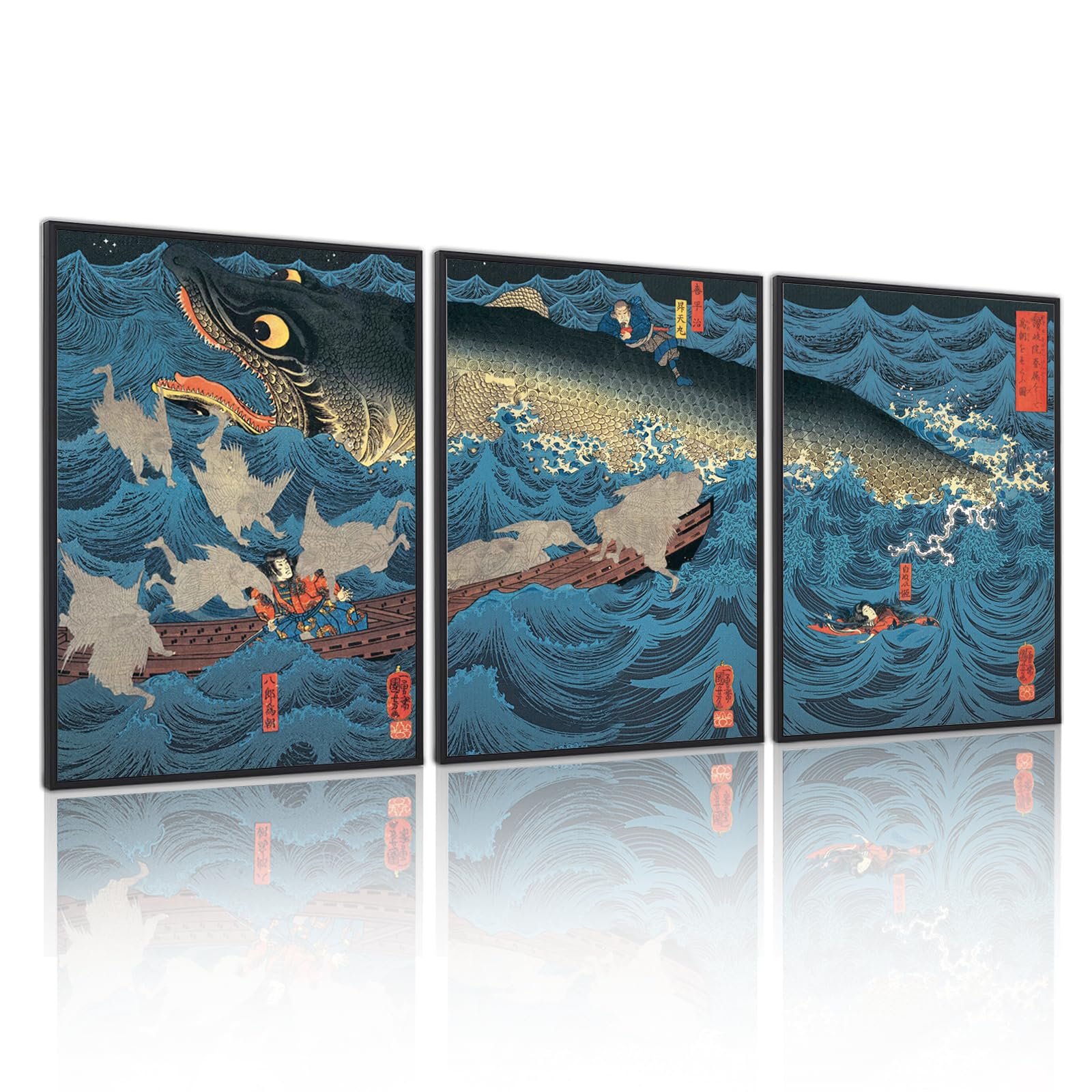 kollyseek 3 Pack 30x40 Samurai Was Rescued From the Sea Monster Canvas Wall Art Ukiyo-e Historical Culture Illustrations, suitable for living room and bedroom home decoration(Unframed)