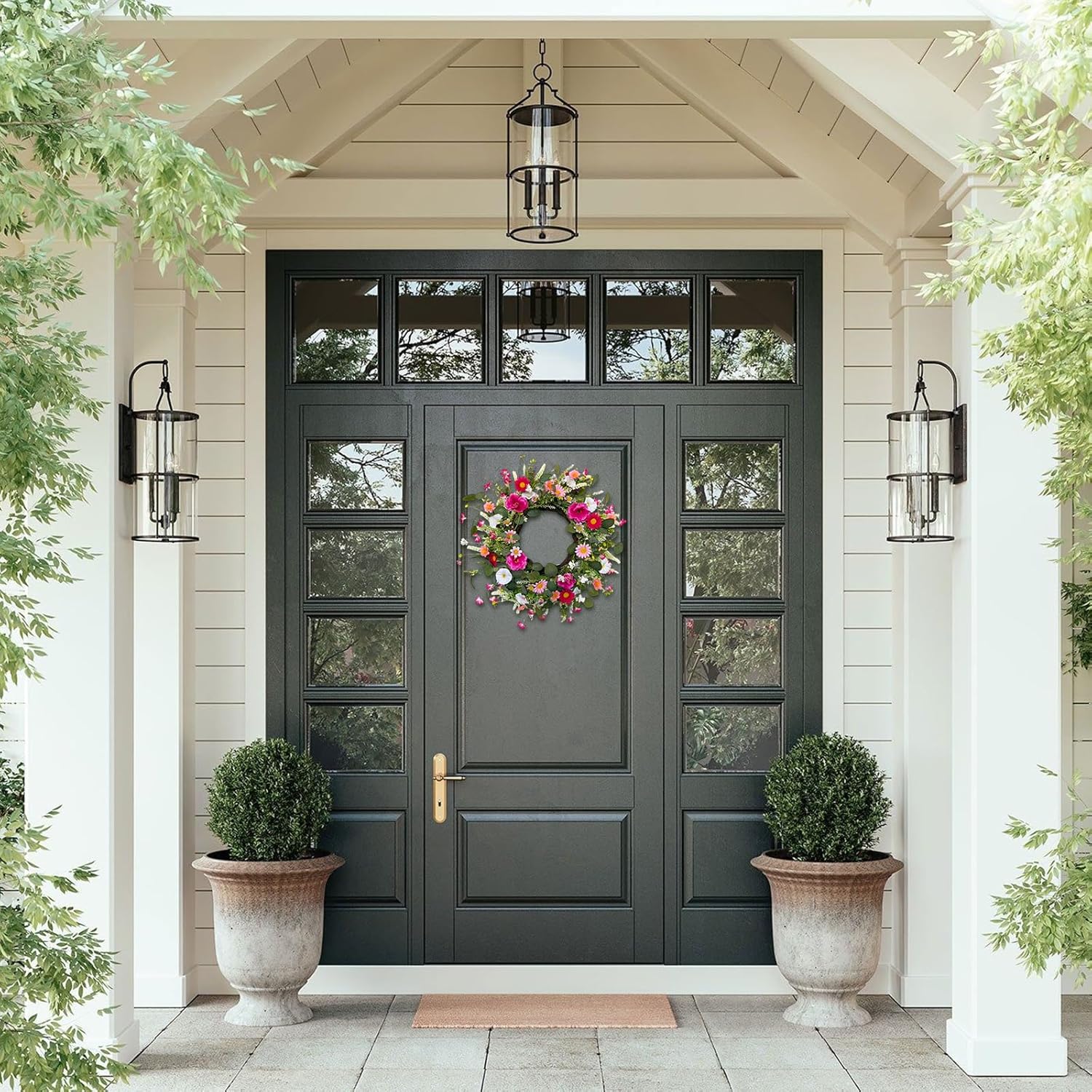 24 Inch Spring and Summer Wreath for Front Door Anemone Daisy Lavender Floral Wreath with Eucalyptus Greenery for Indoor Outdoor Easter Decor