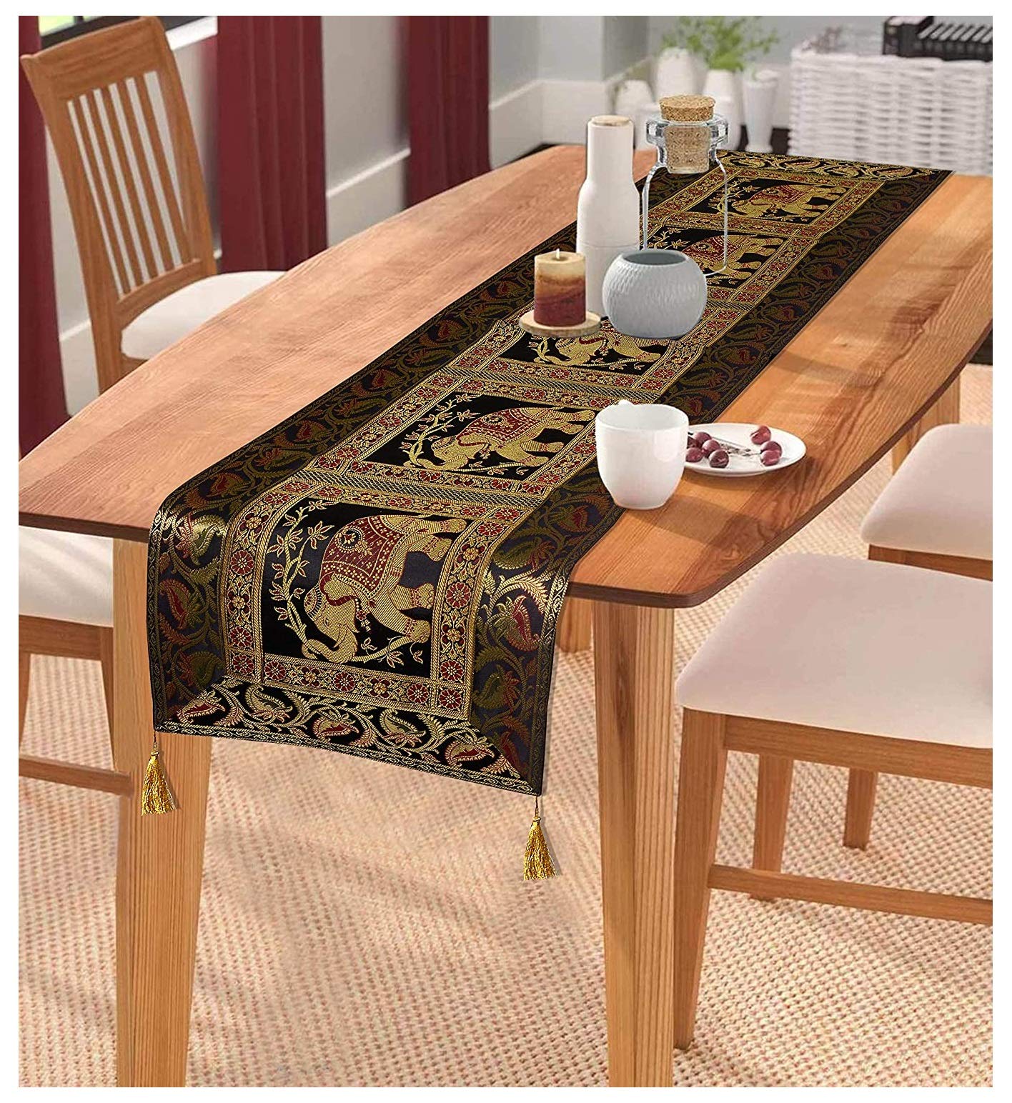E - Ezra Gold Banarasi Brocade Silk Rectangle 6 & 4 Seater Peacock Centre Table Top Decor (Black Tassel, 60x16 Inches) (B08MQF3FTX) Amazon Price History, Amazon Price Tracker