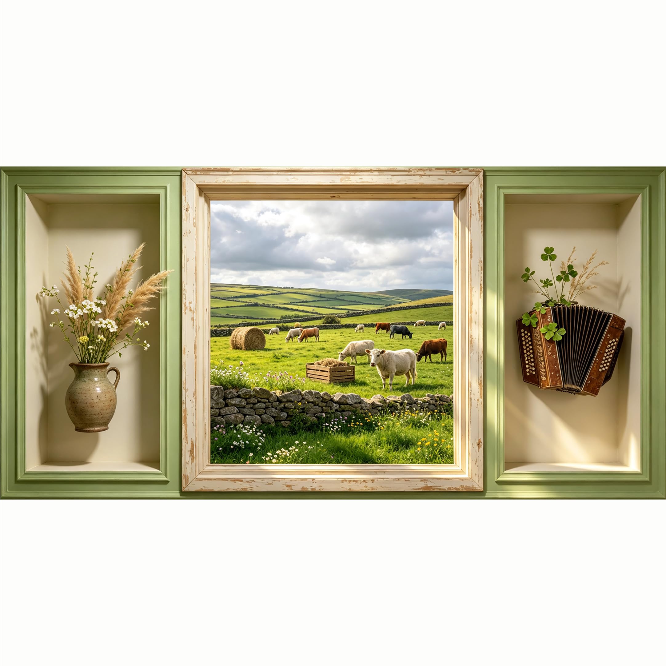 QZLITHOTIC 50x100cm 3D Framed Wall Art， Farmhouse Cattle Pasture Landscape Self‑Adhesive Mural， Water‑Activated Peel & Stick Fabric Decor Wall Decal for Bedroom Living Room