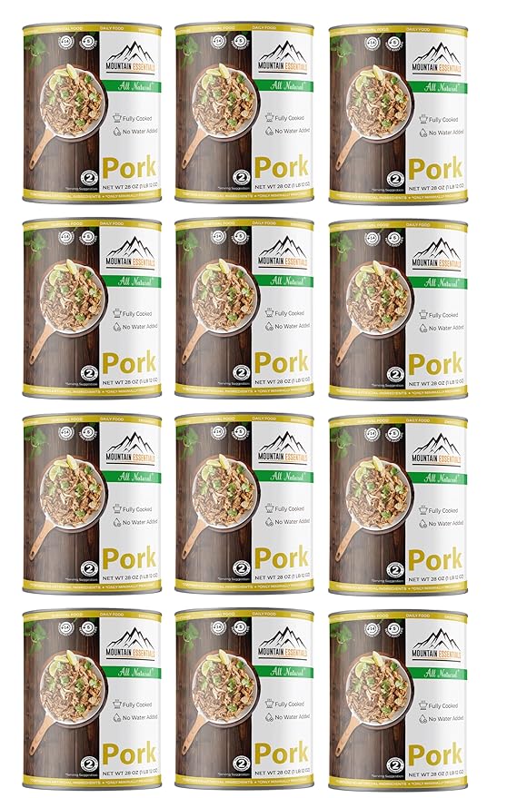MOUNTAIN ESSENTIALS Canned Pork 28 Oz – Fully Cooked, Ready to Eat – Pantry Staple Canned Meat for Everyday Meals, Emergency Survival & Bulk Food Storage – 5-Year Shelf Life – Made in USA – 12 Pack
