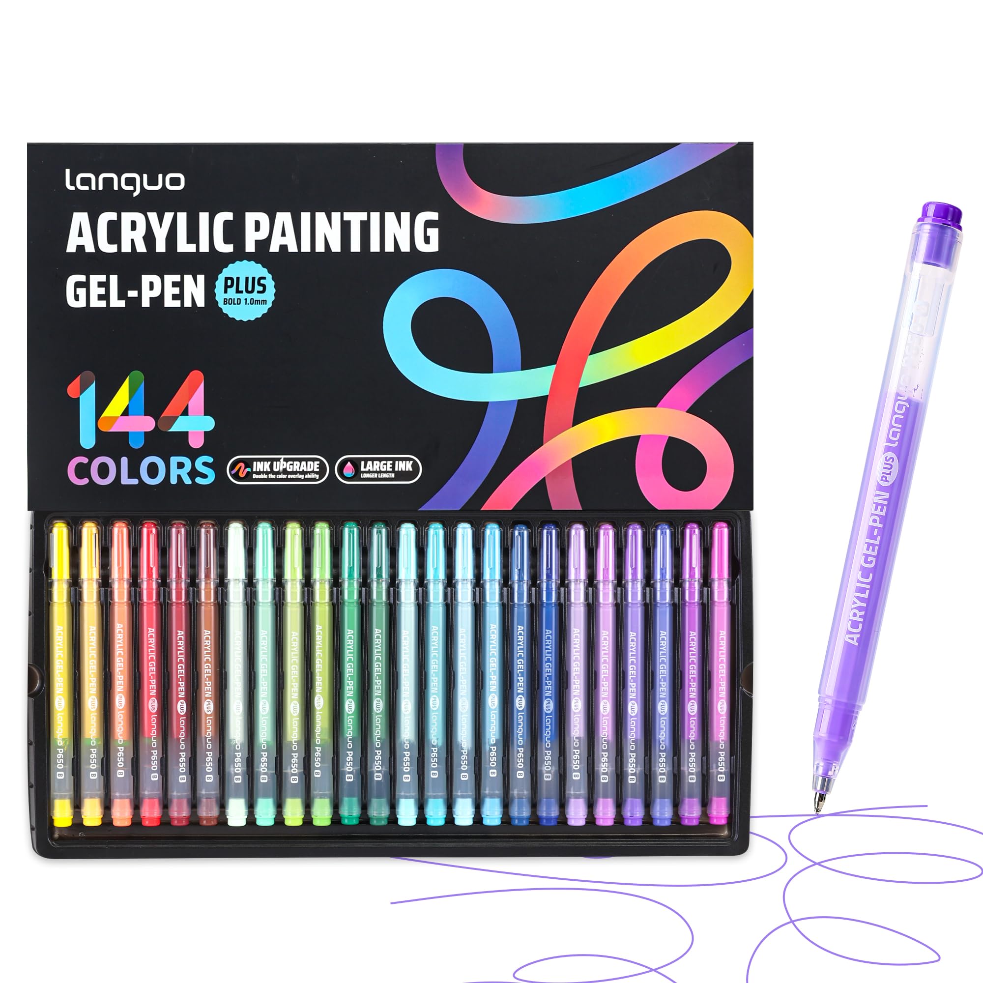 languo Acryl-Gelstifte zum Ausmalen, 144 Farben, Set mit 1,0 mm Rundspitze für Erwachsene, farbige Gelstifte für schwarzes Papier, Stein, Glas, Stoff, DIY und Kunsthandwerk