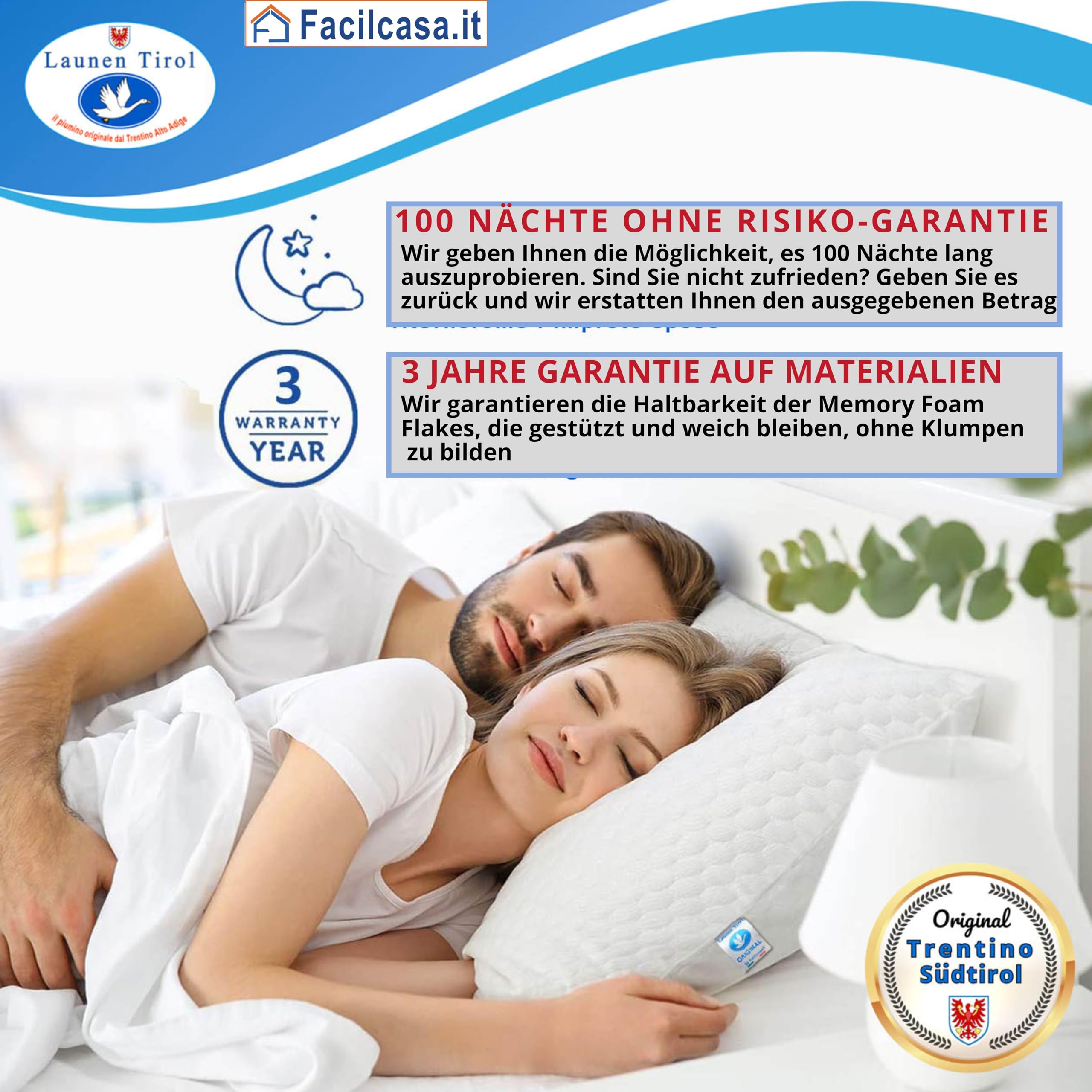 FacilCasa Memory Foam Kopfkissen – Höhenverstellbar, Orthopädisch, Gegen Nackenschmerzen, 60x60 Cm