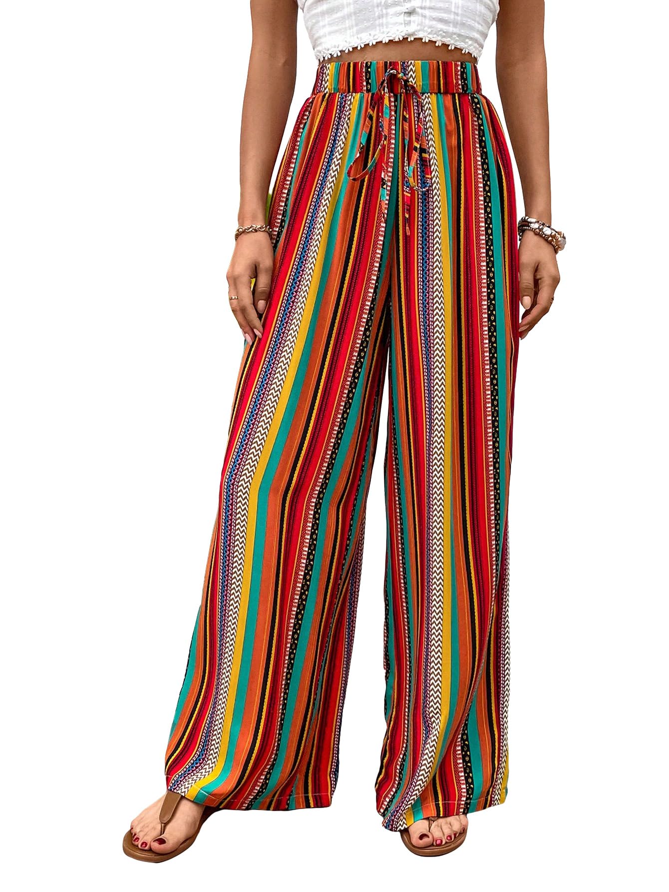 Verdusa Womens Elastic High Waist Boho Stripe Print Loose Wide Leg Pants