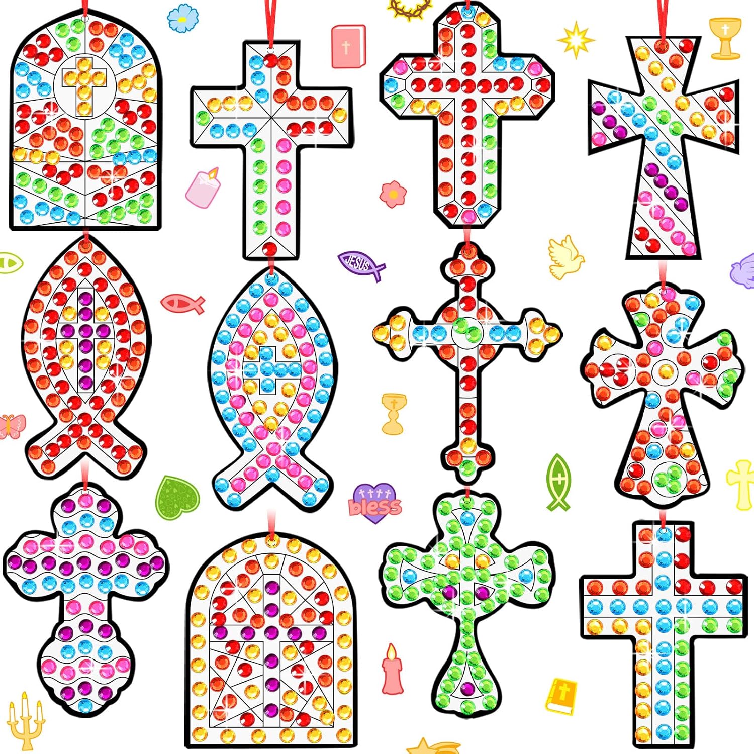 WinnerWhy 36 Set Religious Suncatcher Crafts Cross Diamond Art DIY Christian 5d Gem Art Jesus Painting Hanging Ornaments for Sunday School Vbs Church Classroom Activities