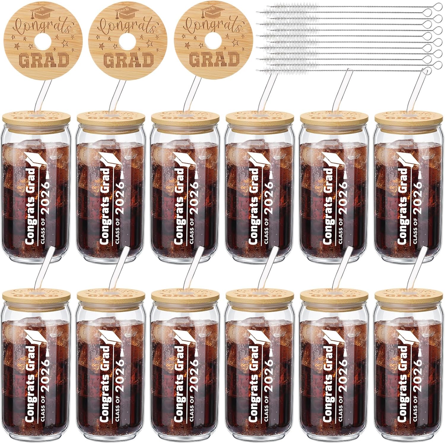 Tioncy 12 Pcs Teacher Appreciation Week Gifts Bulk 16 oz End of Year Thank You Teacher Glass Cups with Lids and Straw Inspirational Glass Drinking Tumbler Gifts for Teachers Professors Coworkers