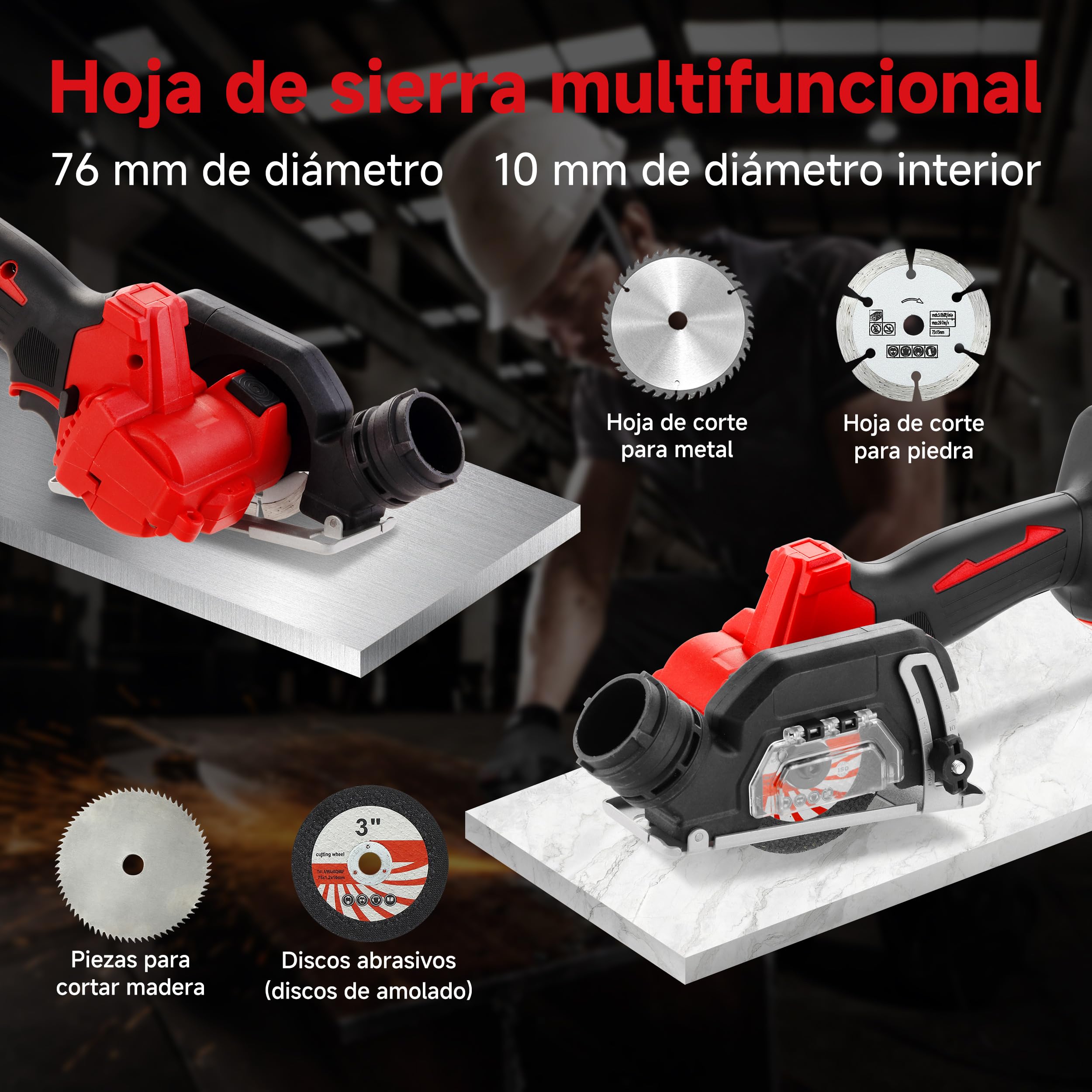 TEENO Sierra circular inalámbrica, mini sierra circular compacta, cuatro hojas de sierra, adecuada para cortar madera, azulejos y metales blandos